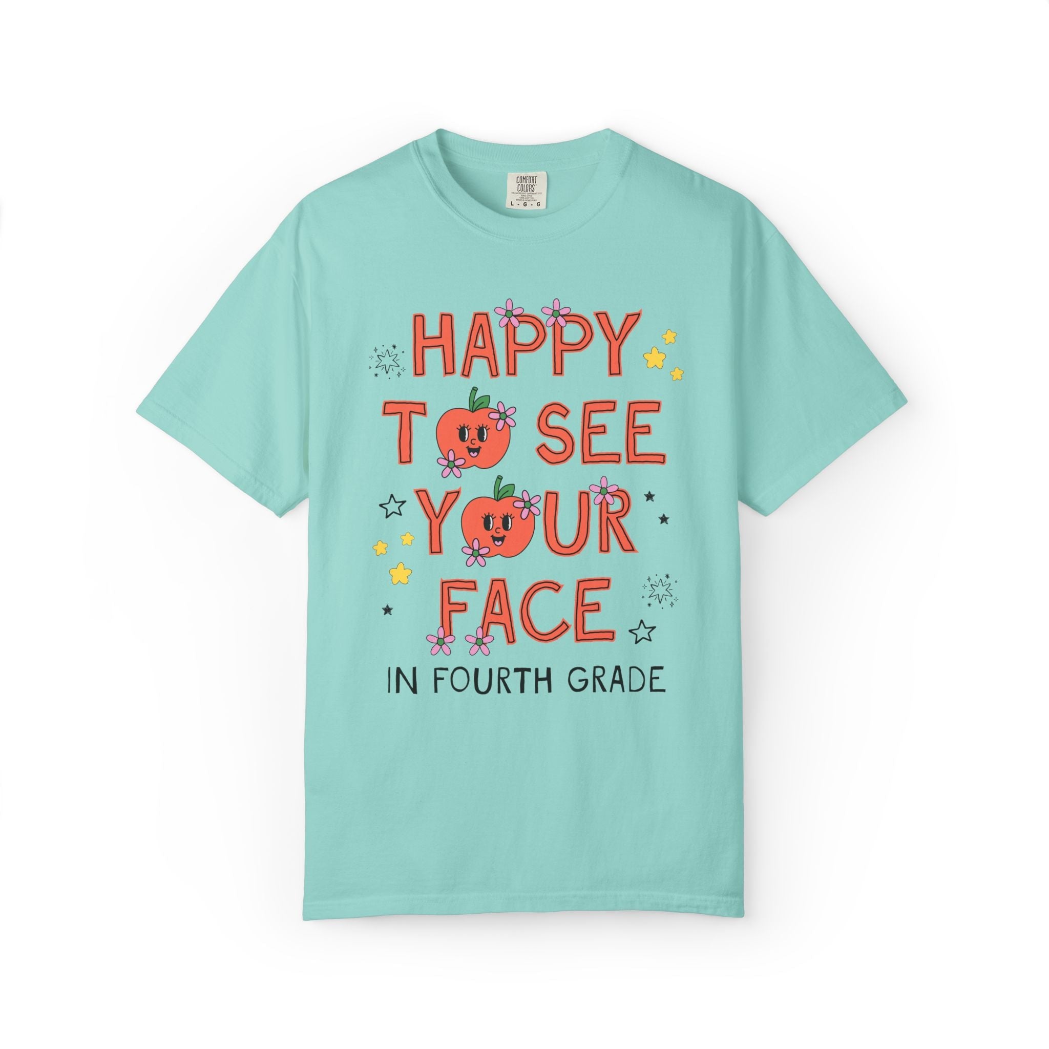 Fourth Grade Teacher Team Tee Shirt: Happy to See Your Face | Cute Back to School T-Shirt with Retro Apples and Flowers, First Day of School - Opal and June