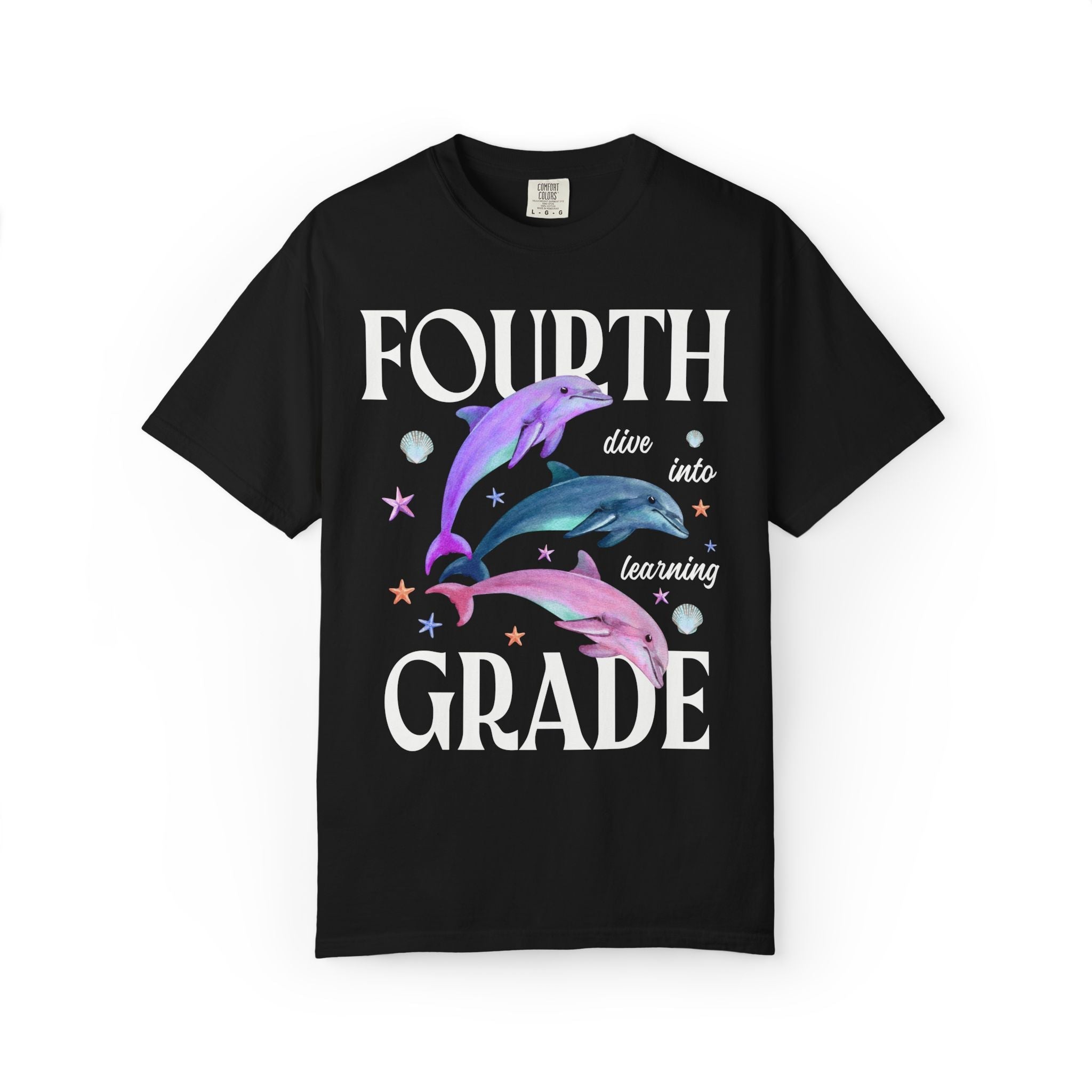 Fourth Grade Teacher Team Tee Shirt with Dolphins: Dive Into Learning | Cute Colorful Maximalist Tee, Kitschy Animal Lover Tee for Teachers - Opal and June