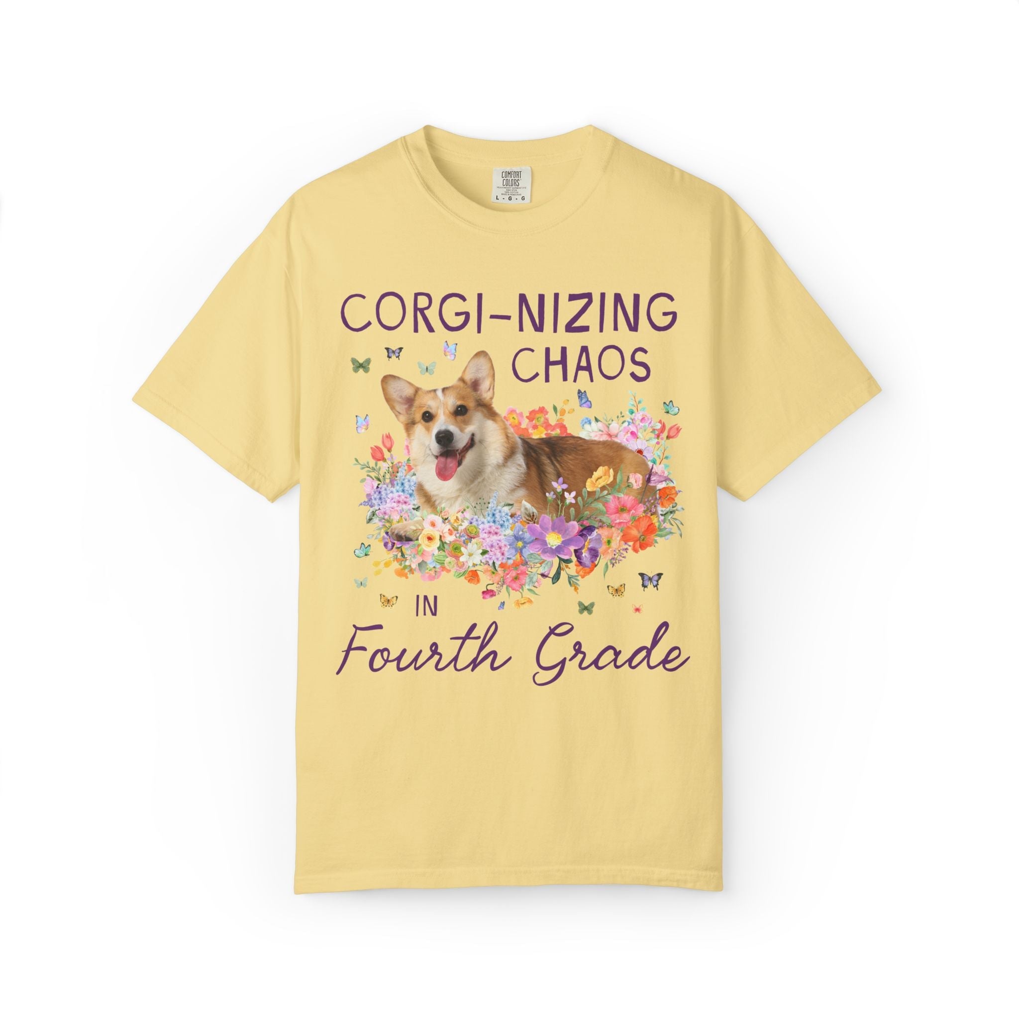 Fourth Grade Teacher Tee Shirt: Corgi-Nizing Chaos Floral Tee for Animal Lover, Cute Welsh Corgi Dog Matching Teacher Tee, Back to School - Opal and June