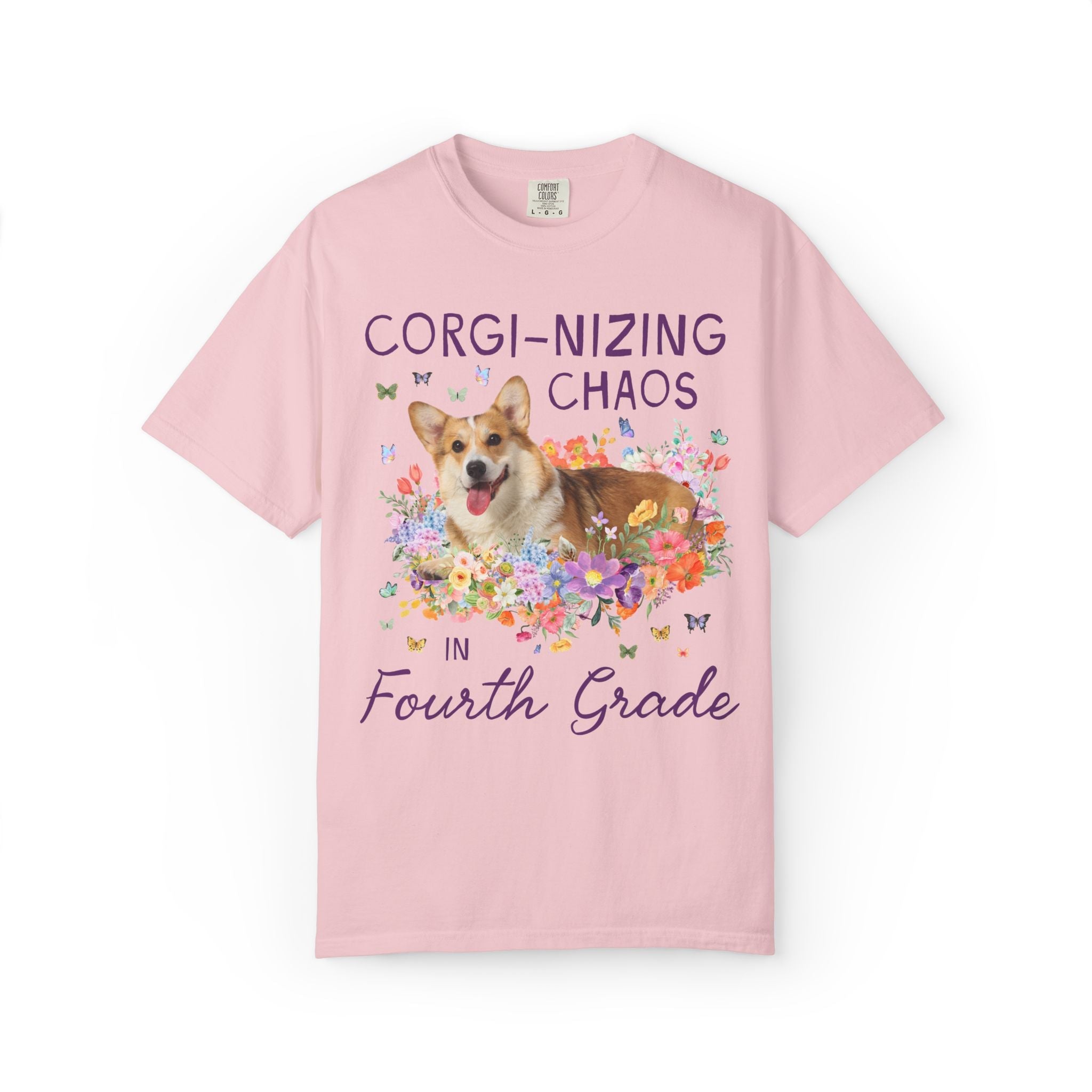 Fourth Grade Teacher Tee Shirt: Corgi-Nizing Chaos Floral Tee for Animal Lover, Cute Welsh Corgi Dog Matching Teacher Tee, Back to School - Opal and June