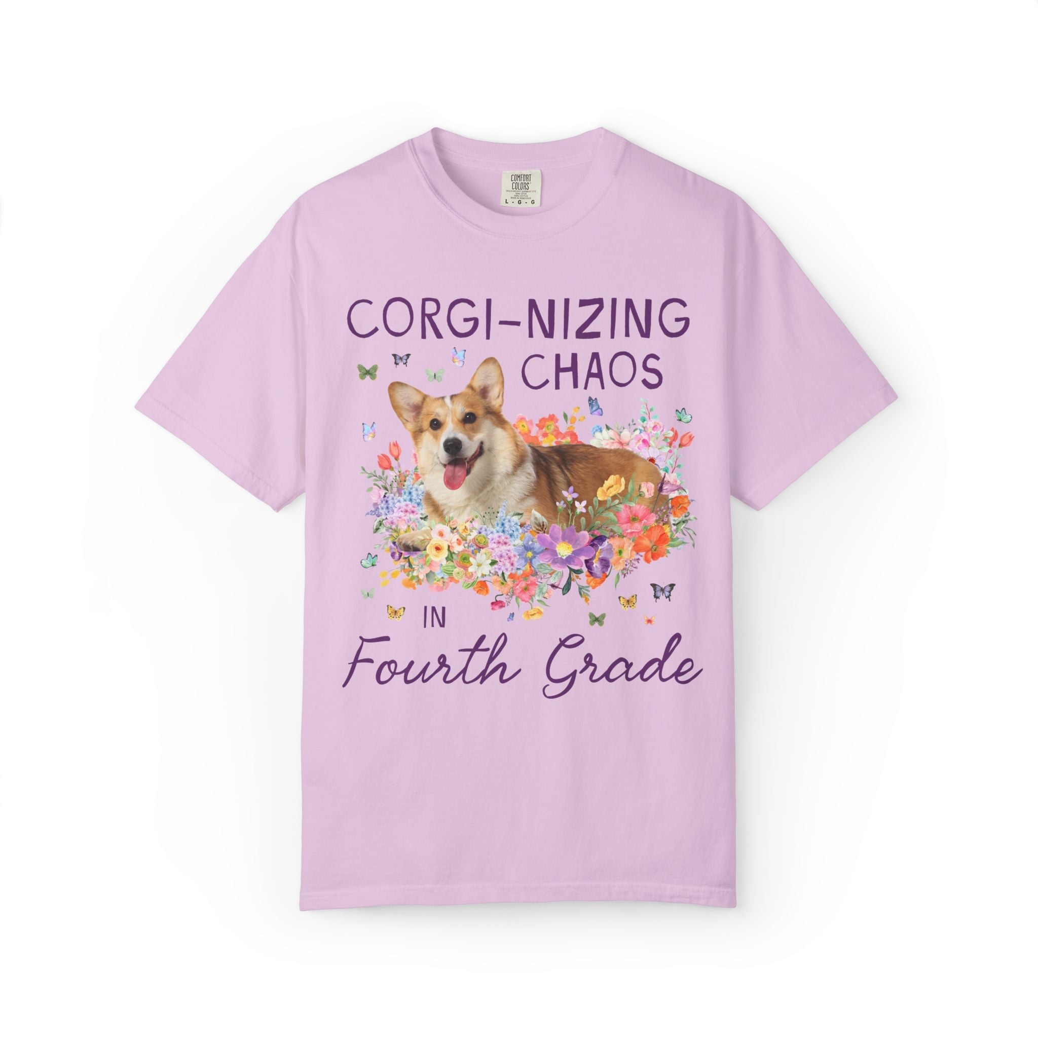 Fourth Grade Teacher Tee Shirt: Corgi-Nizing Chaos Floral Tee for Animal Lover, Cute Welsh Corgi Dog Matching Teacher Tee, Back to School - Opal and June