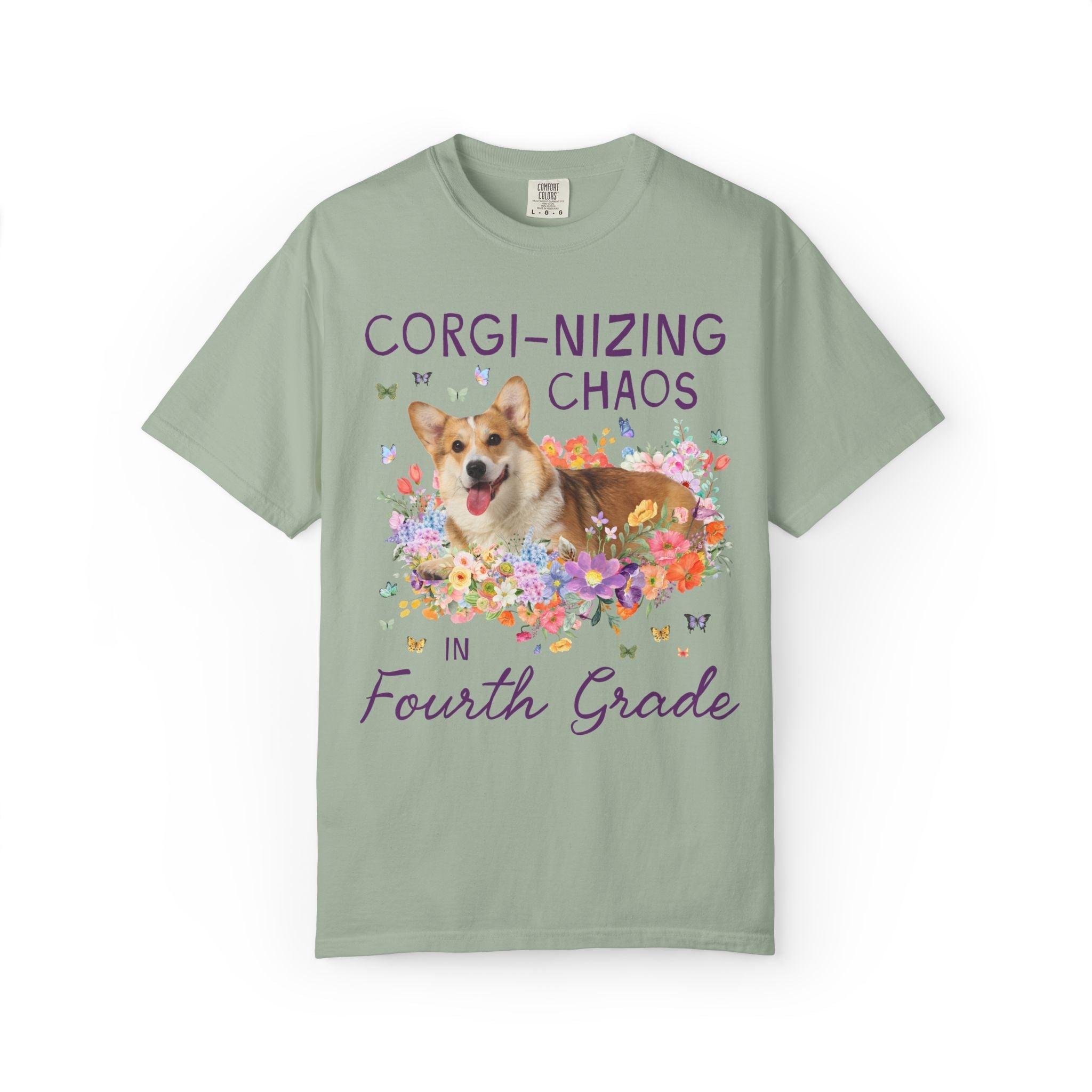 Fourth Grade Teacher Tee Shirt: Corgi-Nizing Chaos Floral Tee for Animal Lover, Cute Welsh Corgi Dog Matching Teacher Tee, Back to School - Opal and June