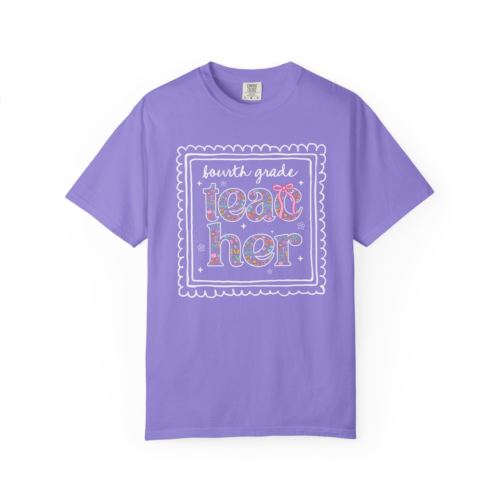 Fourth Grade Teacher Tee Shirt for Back to School, Cute Floral Matching Fourth Grade Crew T-Shirt with Bow, Cute Nineties Aesthetic Doodles - Opal and June