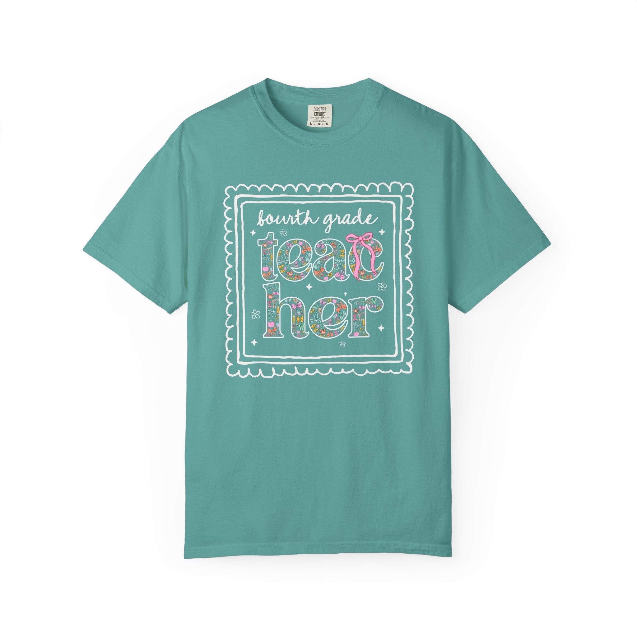 Fourth Grade Teacher Tee Shirt for Back to School, Cute Floral Matching Fourth Grade Crew T-Shirt with Bow, Cute Nineties Aesthetic Doodles - Opal and June
