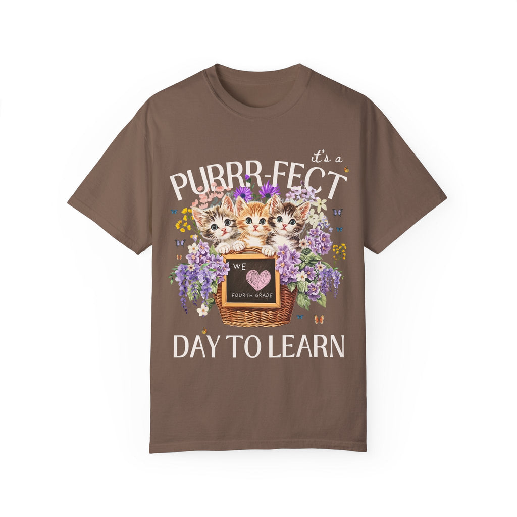 Fourth Grade Teacher Tee Shirt for Cat Mom Teachers: Purrr - fect Day to Learn, Cottagecore 90s Throwback Colorful Maximalist Animal Lover Tee - Opal and June