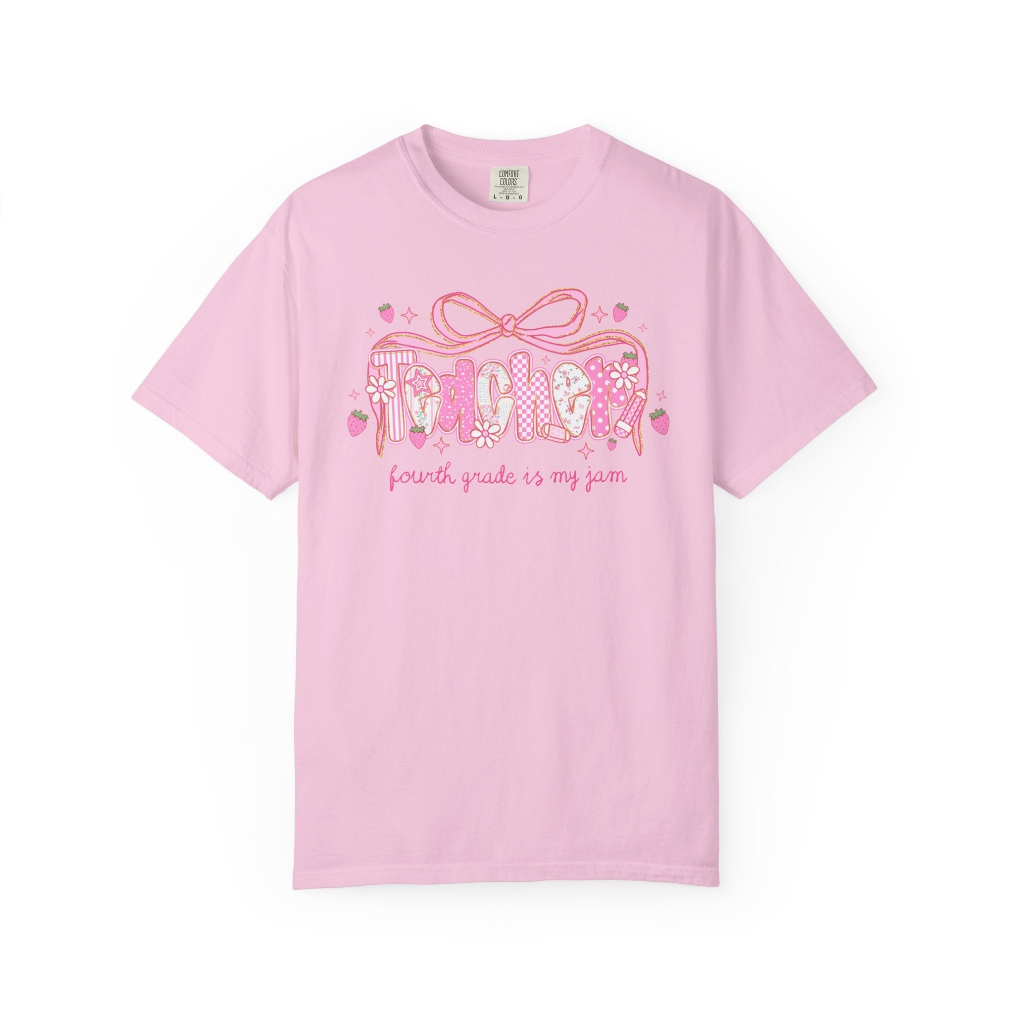 Fourth Grade Teacher Tee Shirt for Fourth Grade Squad or Crew, Floral Boho Strawberry T-Shirt with Messy Coquette Bow, Fruit Lover Teacher - Opal and June