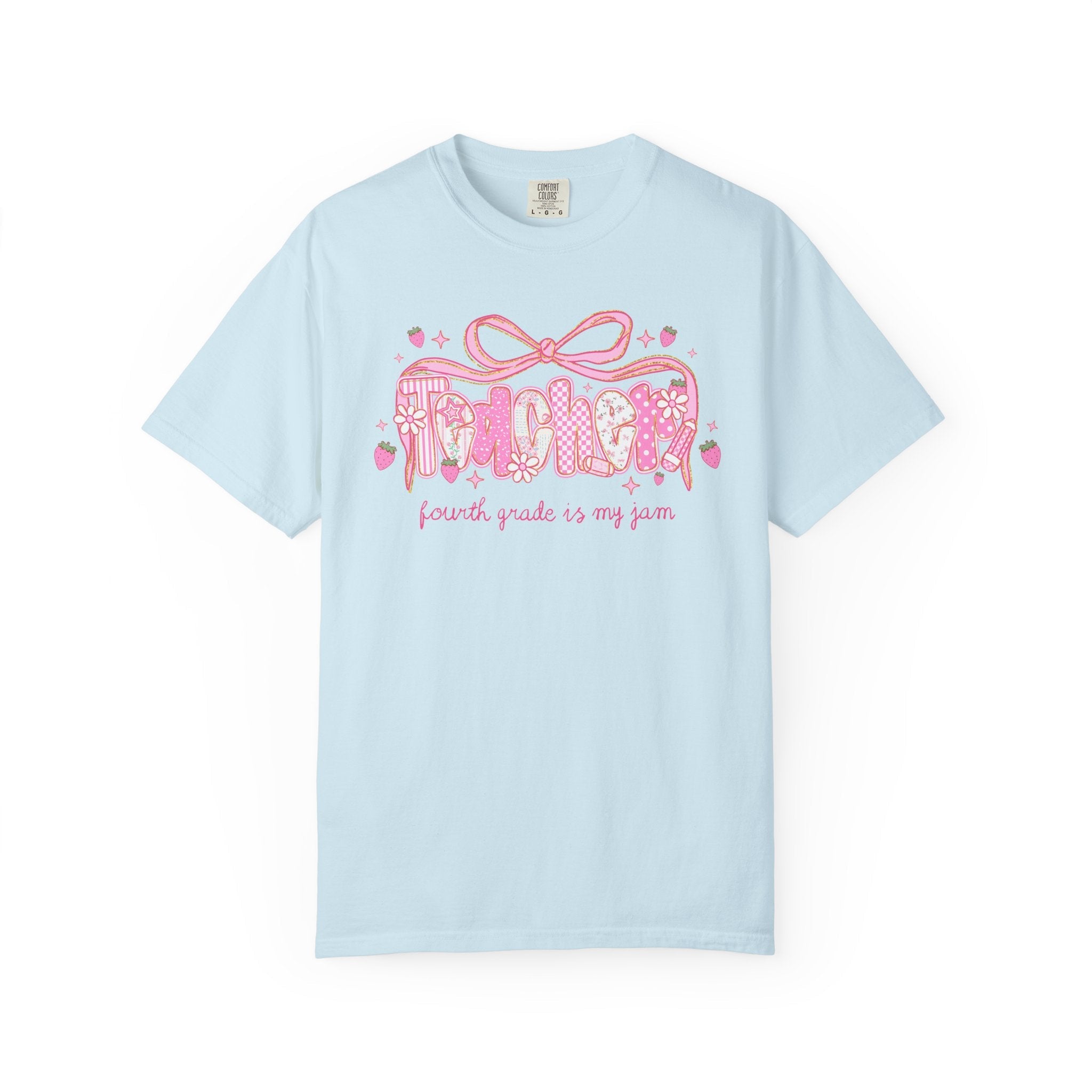 Fourth Grade Teacher Tee Shirt for Fourth Grade Squad or Crew, Floral Boho Strawberry T-Shirt with Messy Coquette Bow, Fruit Lover Teacher - Opal and June