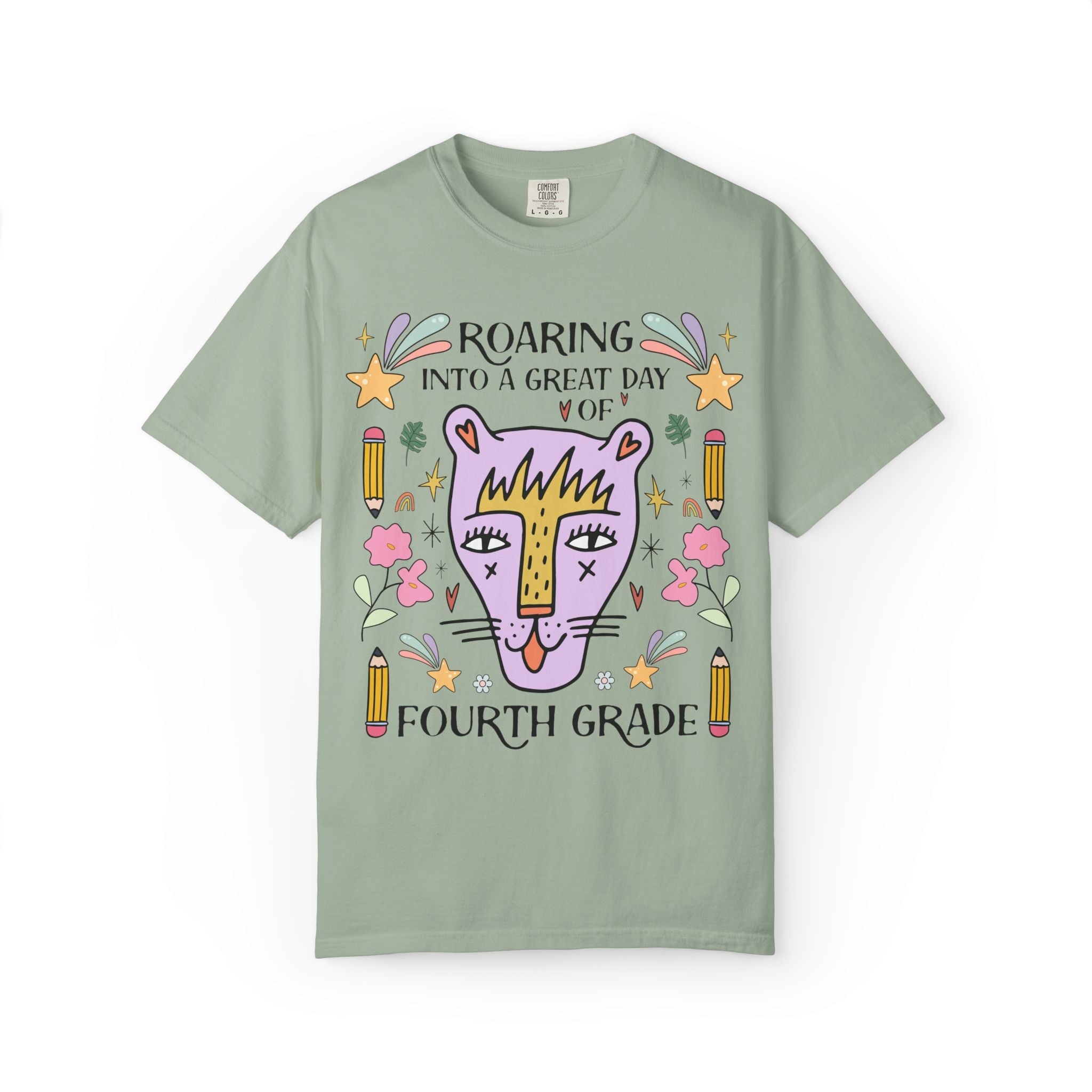 Fourth Grade Teacher Tee Shirt: Roaring Into a Great Day of 4th Grade | Cute Eclectic Matching Teacher or Paraprofessional Tee, Animal Lover - Opal and June