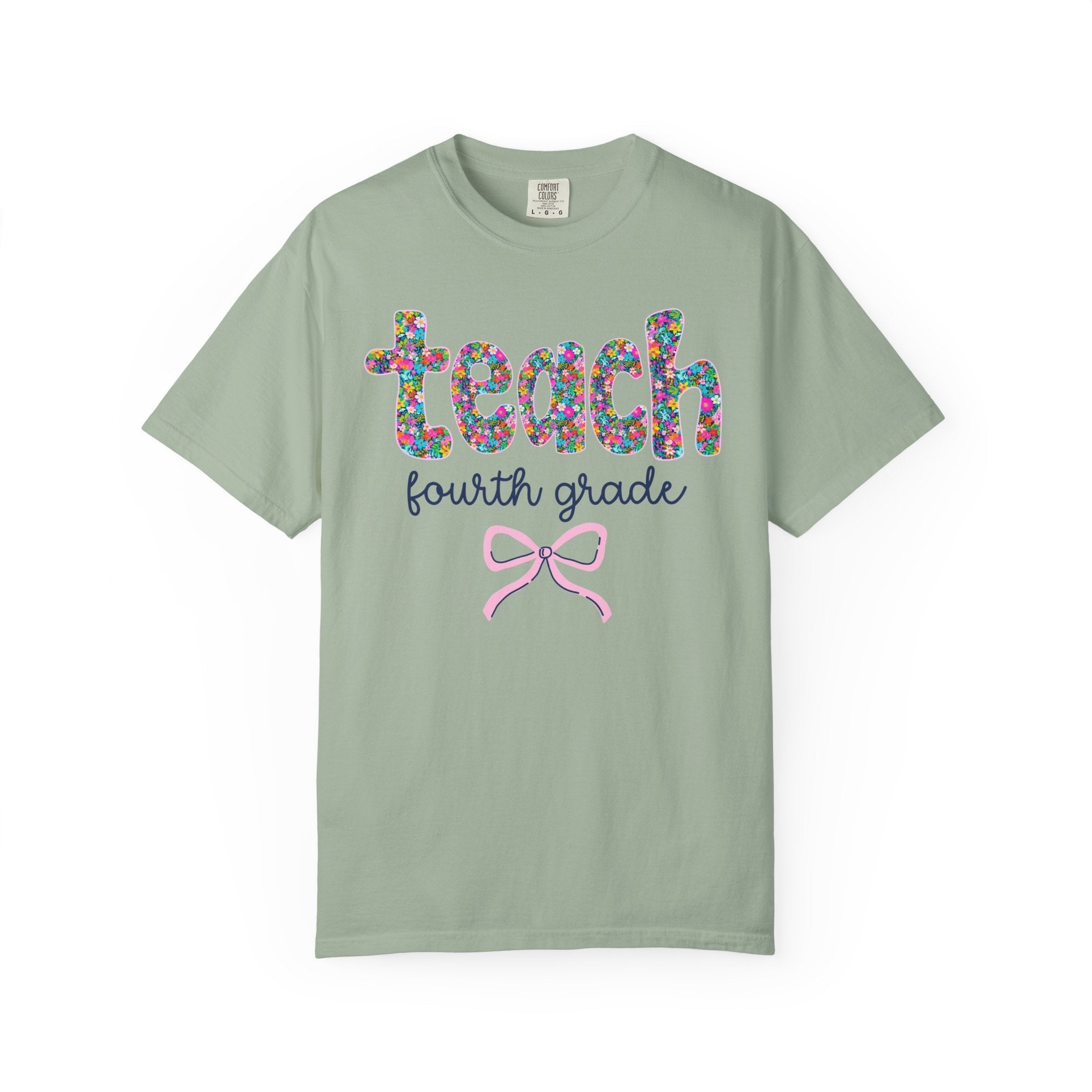 Fourth Grade Teacher Tee Shirt with Colorful Flowers and Bow, Teacher Team Tee for Back to School, New Teacher Gift, Teacher Appreciation - Opal and June
