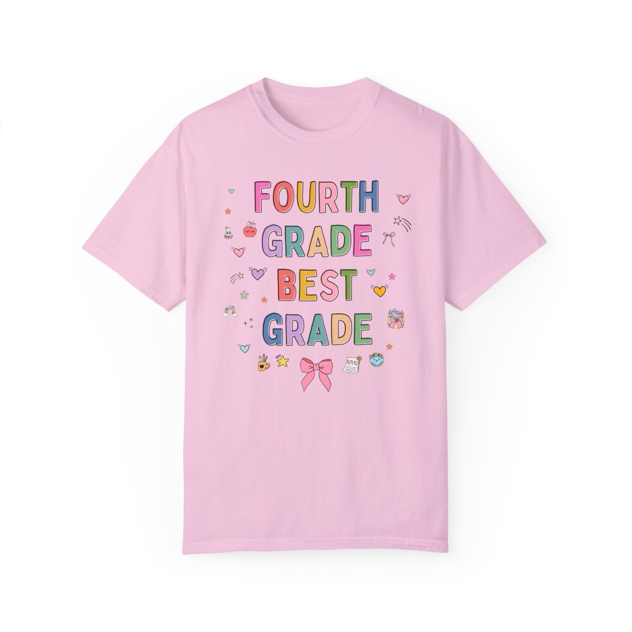 Fourth Grade Teacher Tee Shirt with Cute 90s Aesthetic Doodles, Colorful Matching Teacher T-Shirt for Fourth Grade Crew, New Teacher Present - Opal and June
