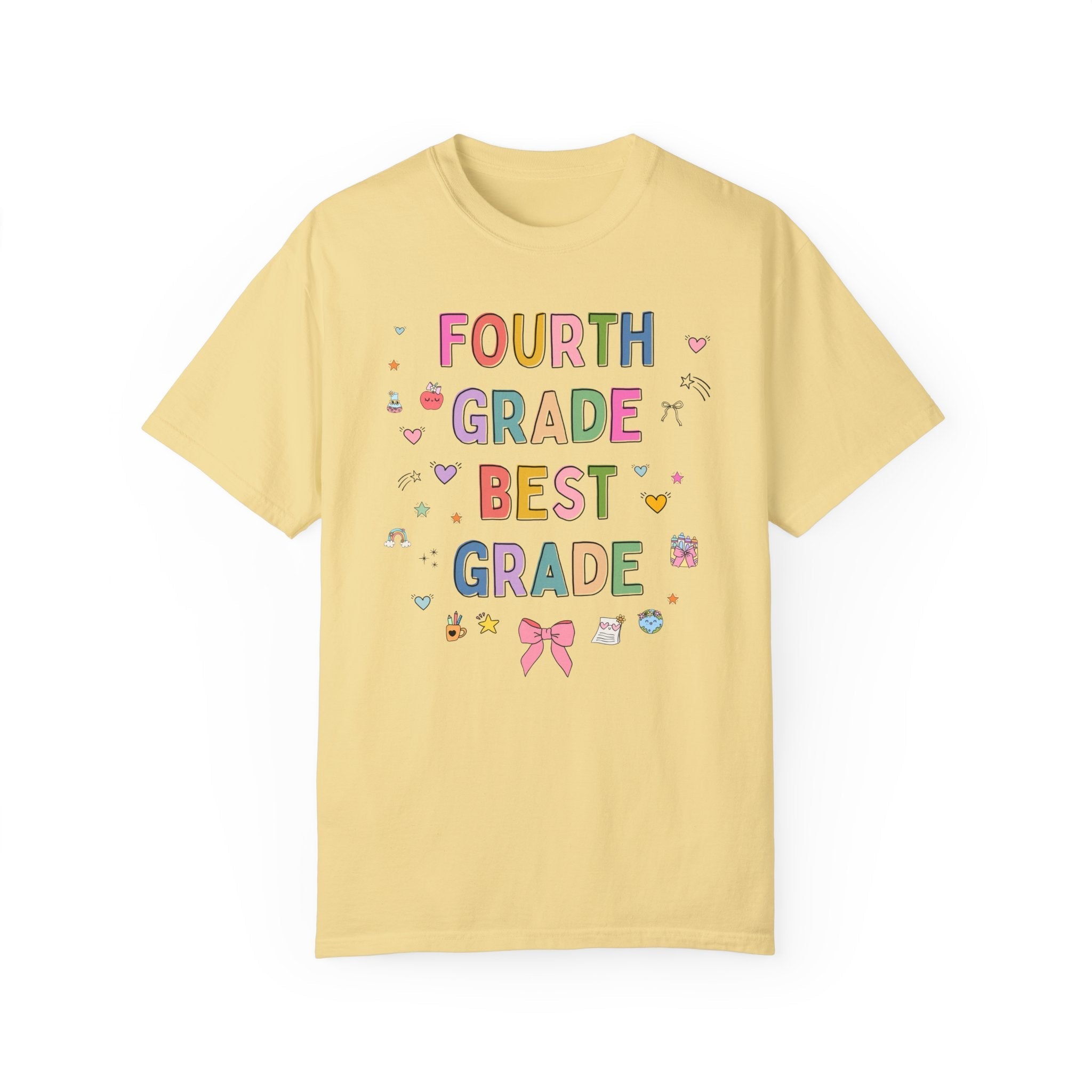 Fourth Grade Teacher Tee Shirt with Cute 90s Aesthetic Doodles, Colorful Matching Teacher T-Shirt for Fourth Grade Crew, New Teacher Present - Opal and June