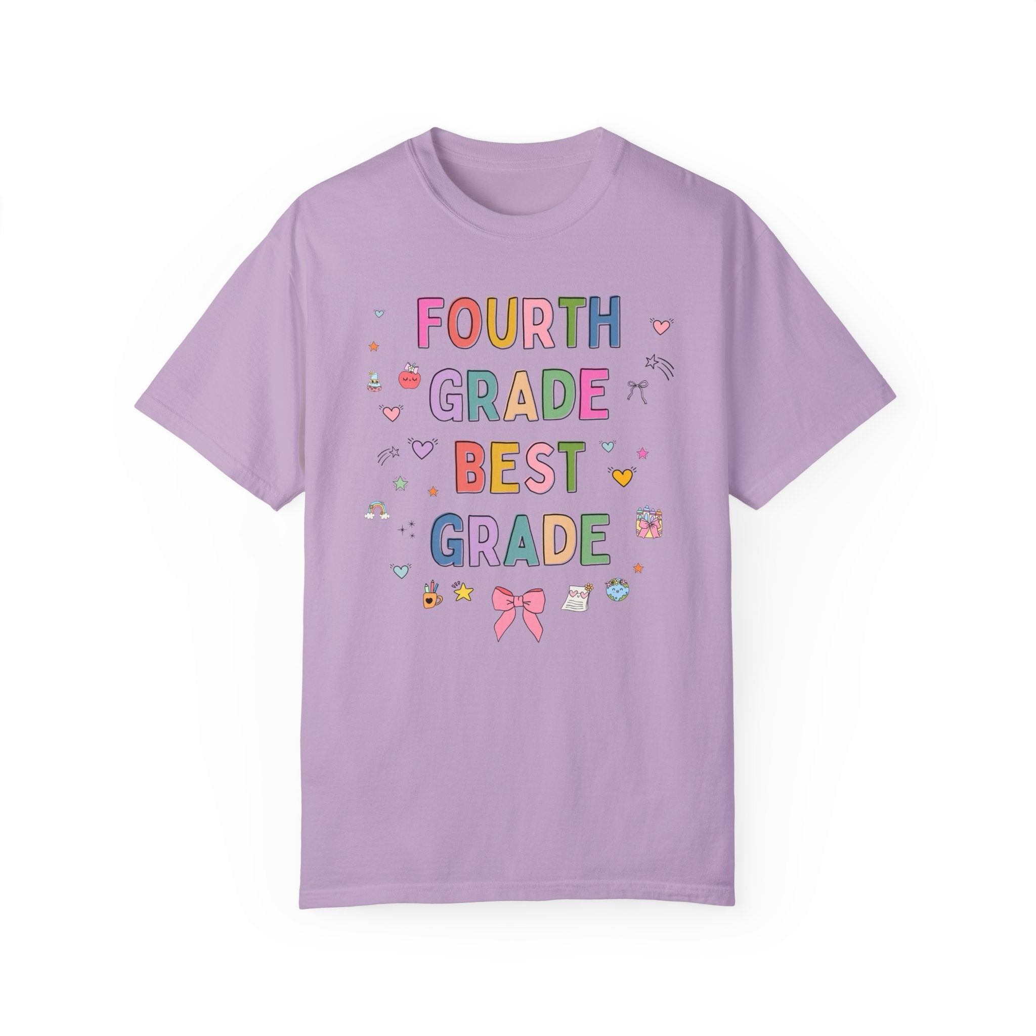 Fourth Grade Teacher Tee Shirt with Cute 90s Aesthetic Doodles, Colorful Matching Teacher T-Shirt for Fourth Grade Crew, New Teacher Present - Opal and June
