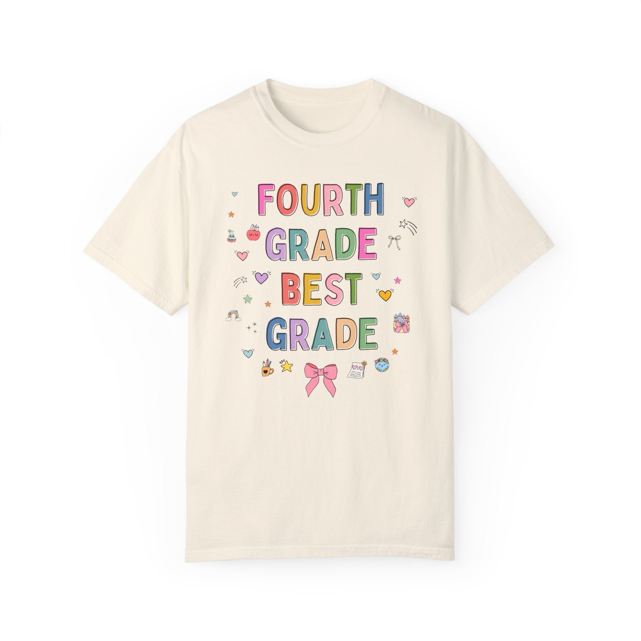 Fourth Grade Teacher Tee Shirt with Cute 90s Aesthetic Doodles, Colorful Matching Teacher T-Shirt for Fourth Grade Crew, New Teacher Present - Opal and June