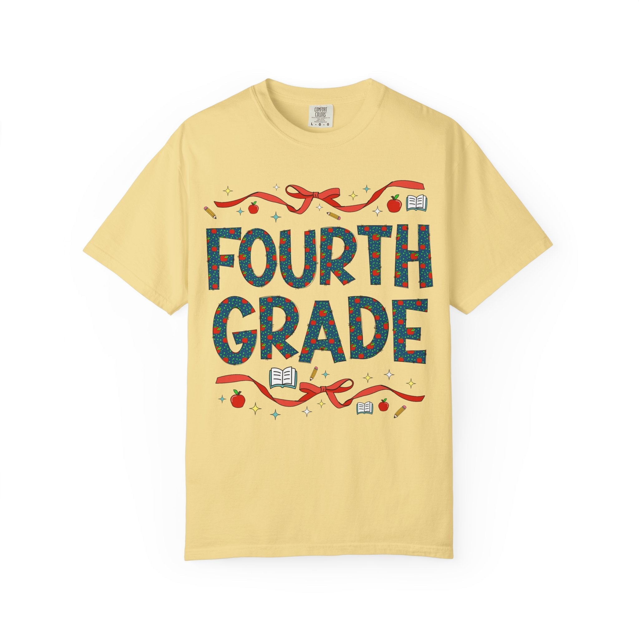 Fourth Grade Teacher Tee Shirt with Cute Bows and Retro Apples, Teacher Team T-Shirt for Back to School, First Day of School Matching Tee - Opal and June