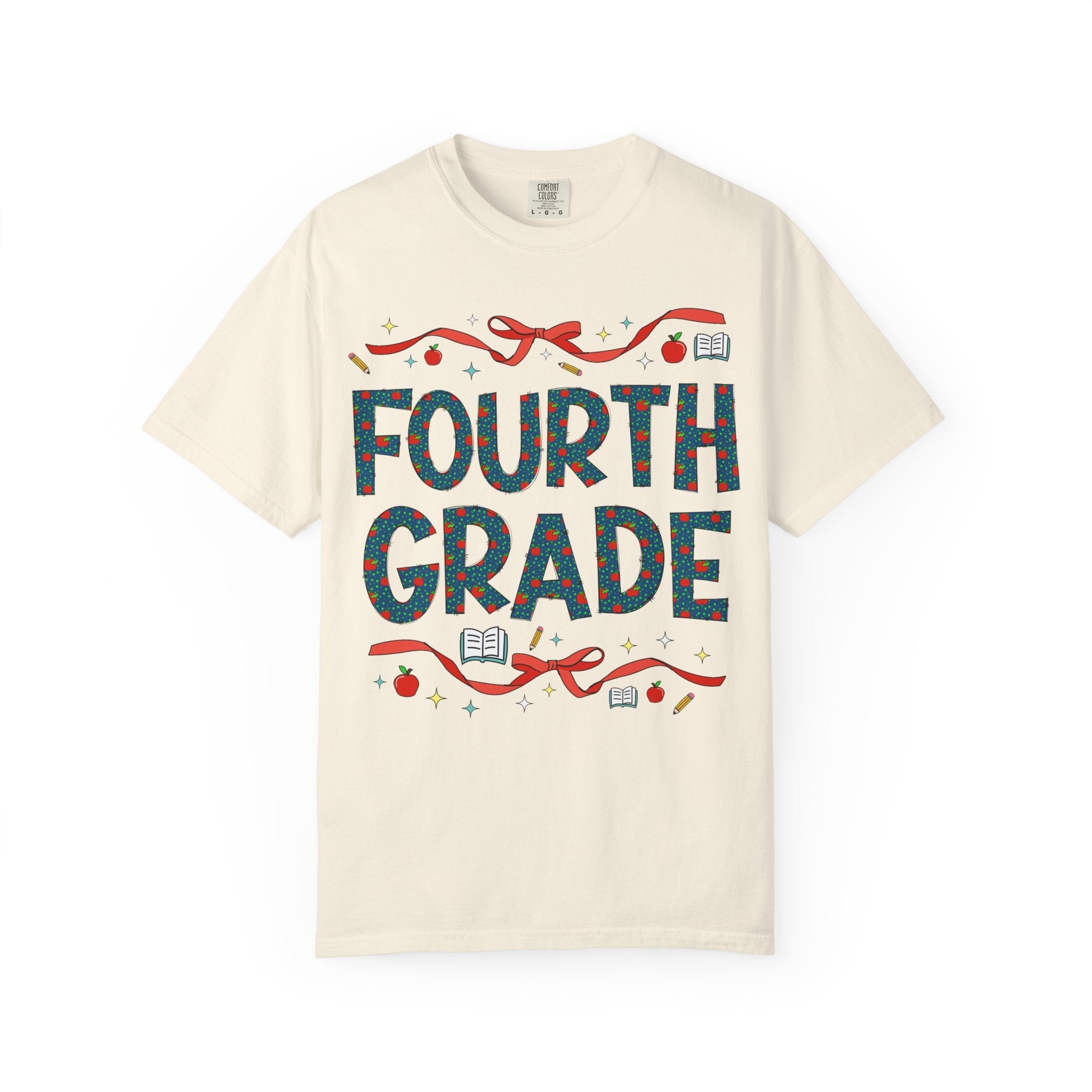 Fourth Grade Teacher Tee Shirt with Cute Bows and Retro Apples, Teacher Team T-Shirt for Back to School, First Day of School Matching Tee - Opal and June