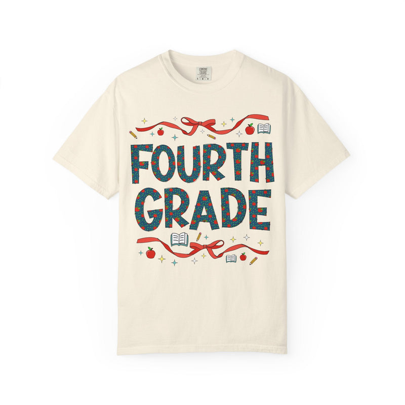 Fourth Grade Teacher Tee Shirt with Cute Bows and Retro Apples, Teacher Team T-Shirt for Back to School, First Day of School Matching Tee - Opal and June