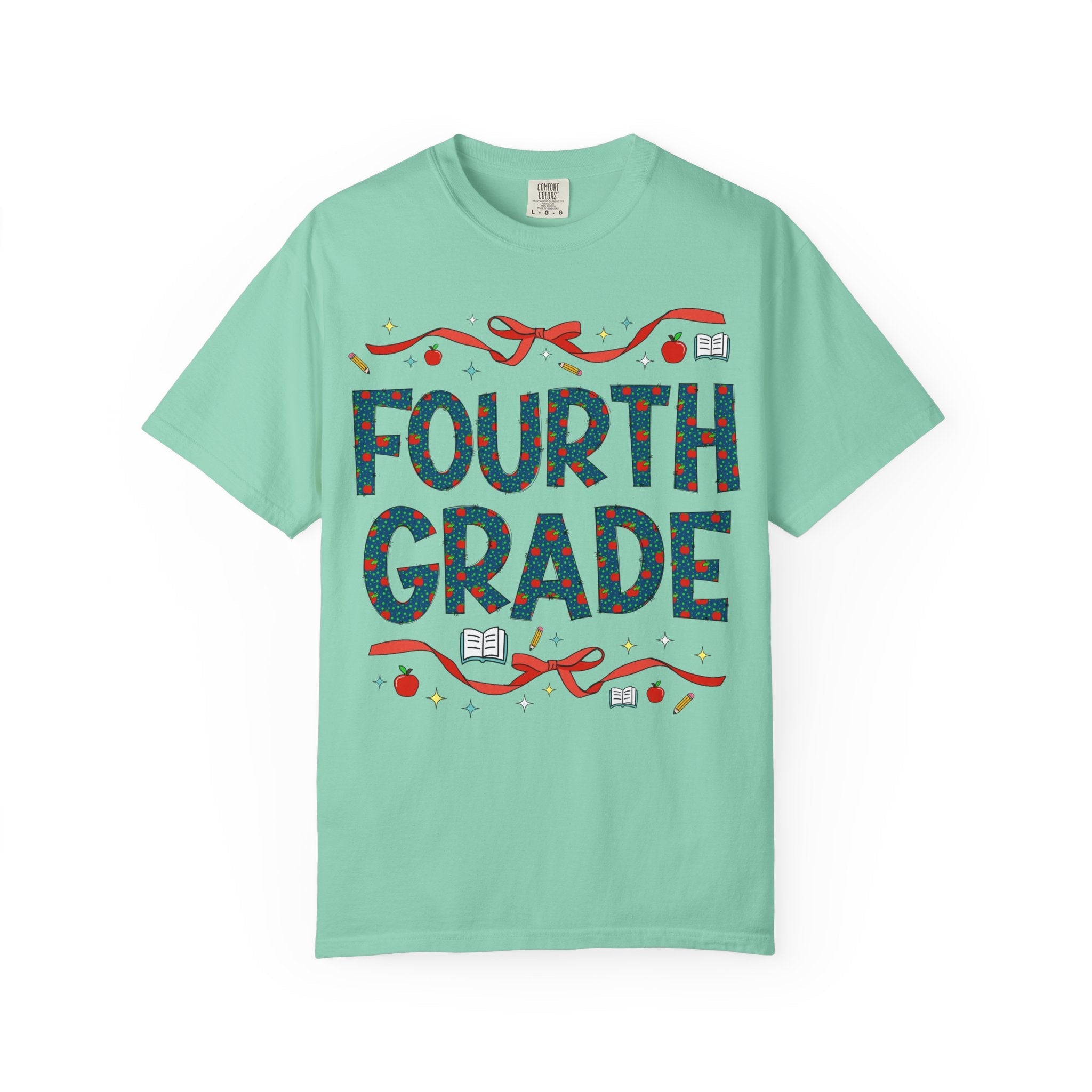 Fourth Grade Teacher Tee Shirt with Cute Bows and Retro Apples, Teacher Team T-Shirt for Back to School, First Day of School Matching Tee - Opal and June