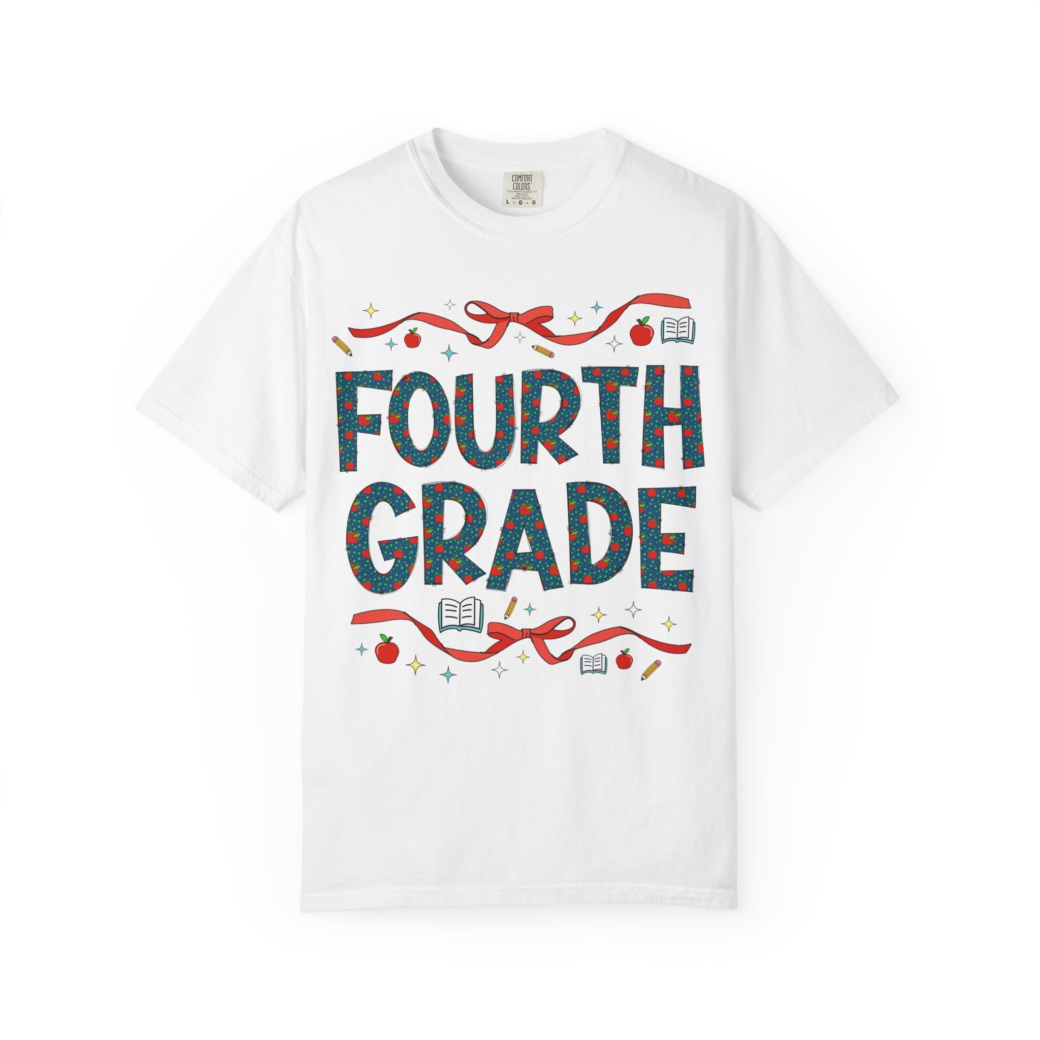Fourth Grade Teacher Tee Shirt with Cute Bows and Retro Apples, Teacher Team T-Shirt for Back to School, First Day of School Matching Tee - Opal and June