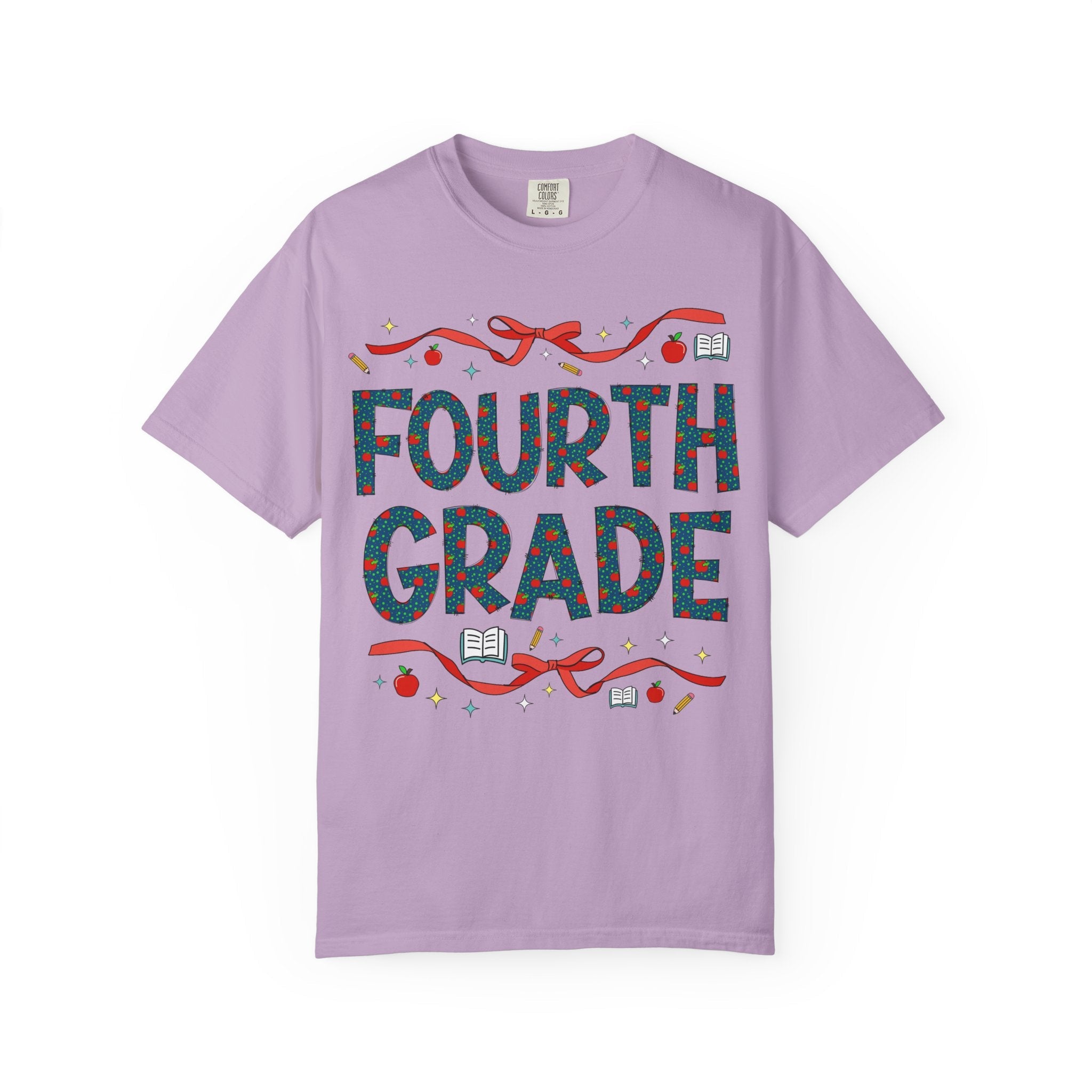 Fourth Grade Teacher Tee Shirt with Cute Bows and Retro Apples, Teacher Team T-Shirt for Back to School, First Day of School Matching Tee - Opal and June