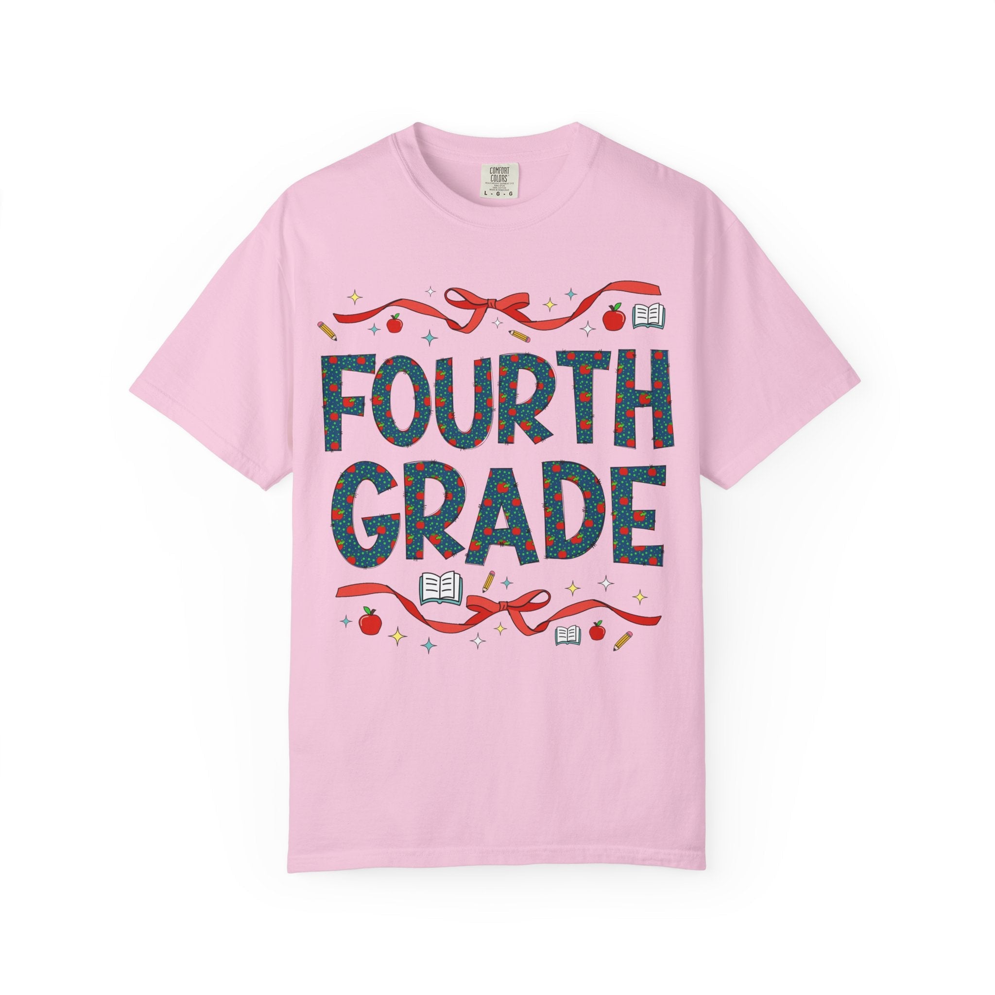 Fourth Grade Teacher Tee Shirt with Cute Bows and Retro Apples, Teacher Team T-Shirt for Back to School, First Day of School Matching Tee - Opal and June