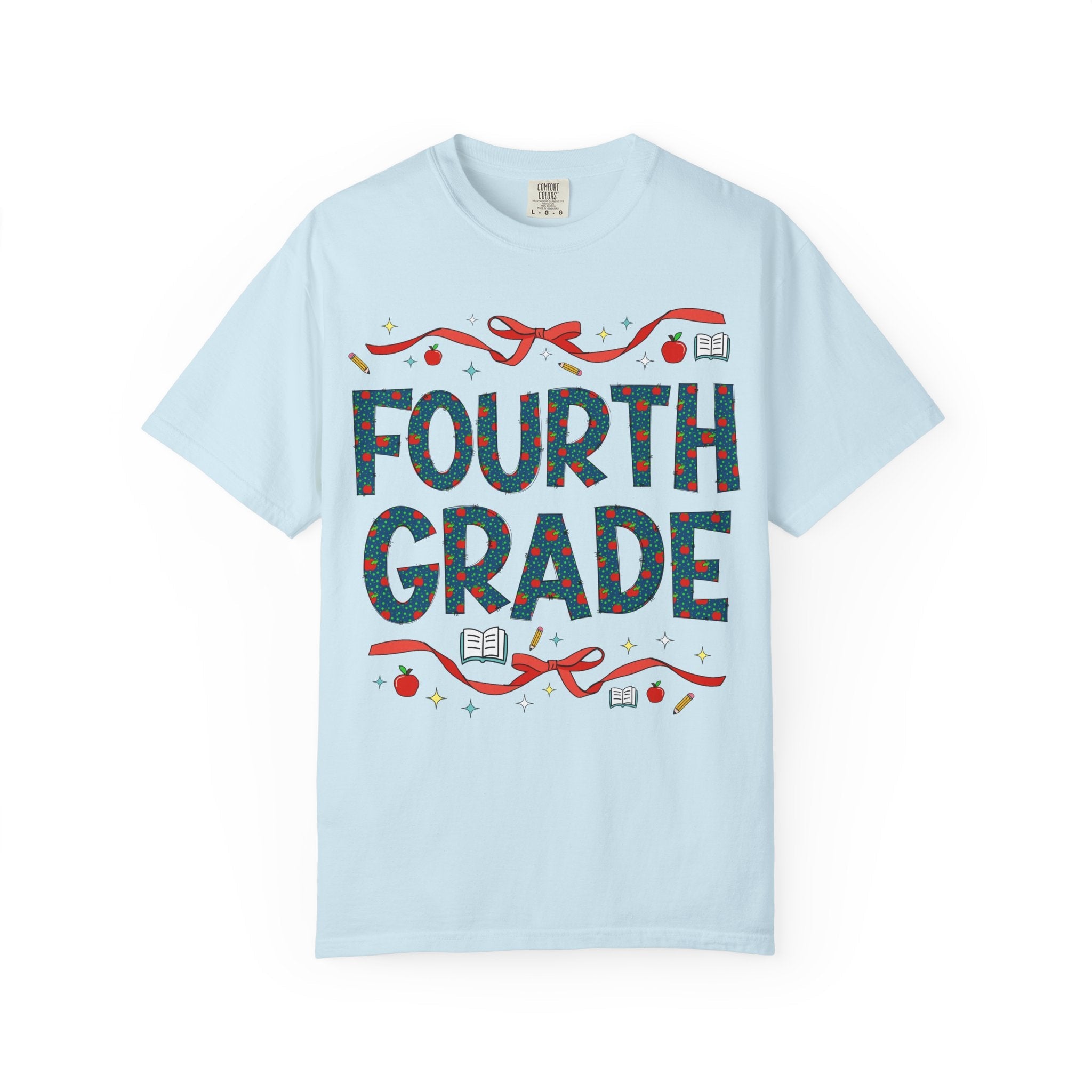 Fourth Grade Teacher Tee Shirt with Cute Bows and Retro Apples, Teacher Team T-Shirt for Back to School, First Day of School Matching Tee - Opal and June
