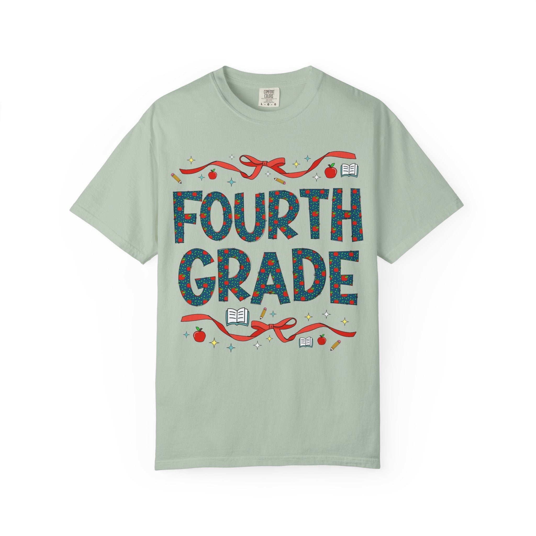 Fourth Grade Teacher Tee Shirt with Cute Bows and Retro Apples, Teacher Team T-Shirt for Back to School, First Day of School Matching Tee - Opal and June