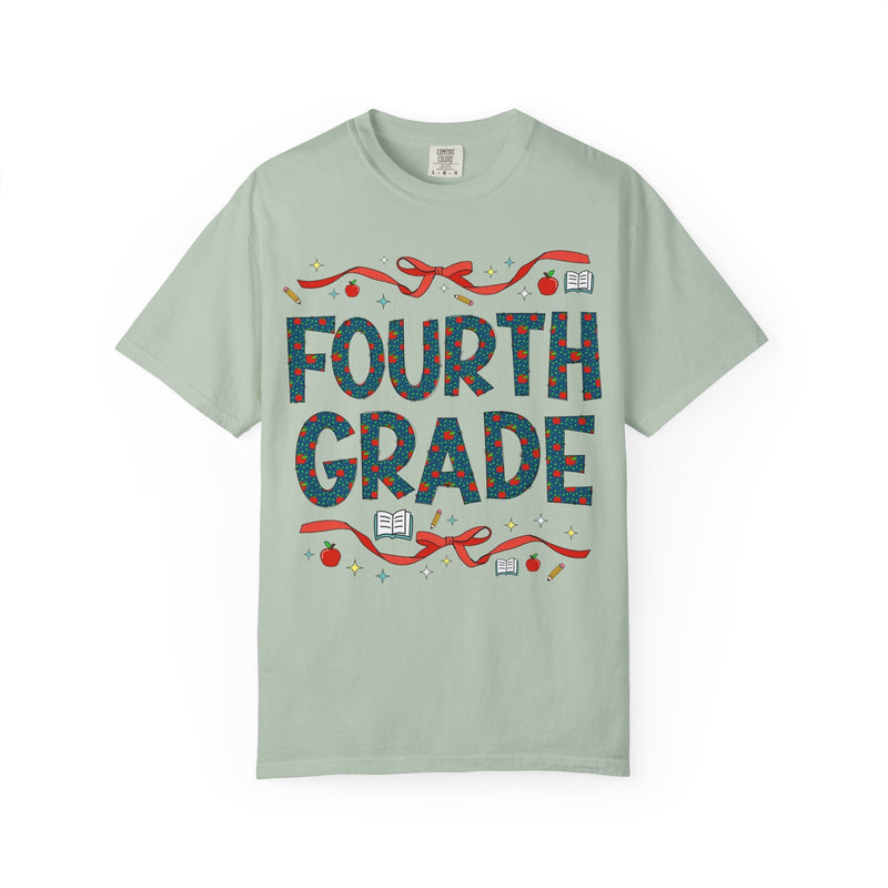 Fourth Grade Teacher Tee Shirt with Cute Bows and Retro Apples, Teacher Team T-Shirt for Back to School, First Day of School Matching Tee - Opal and June
