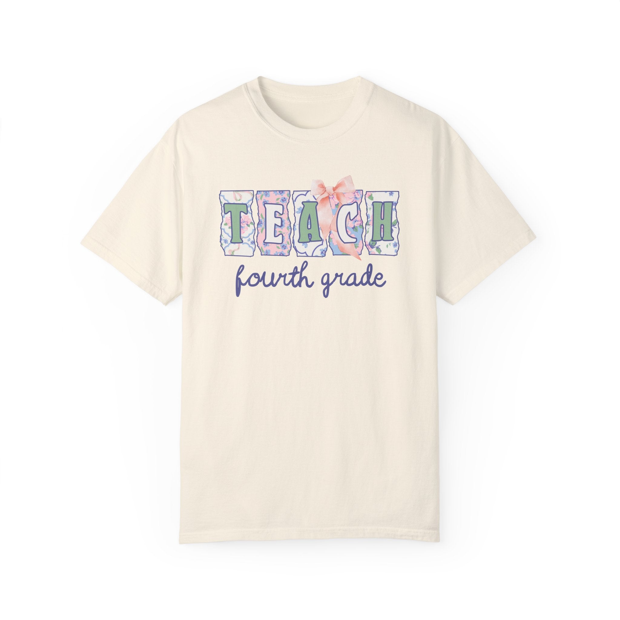 Fourth Grade Teacher Tee Shirt with Flowers, Soft Girl Style Letters: Teach Fourth Grade, 90s Scrapbook Vibe, Fourth Grade Crew Matching Tee - Opal and June