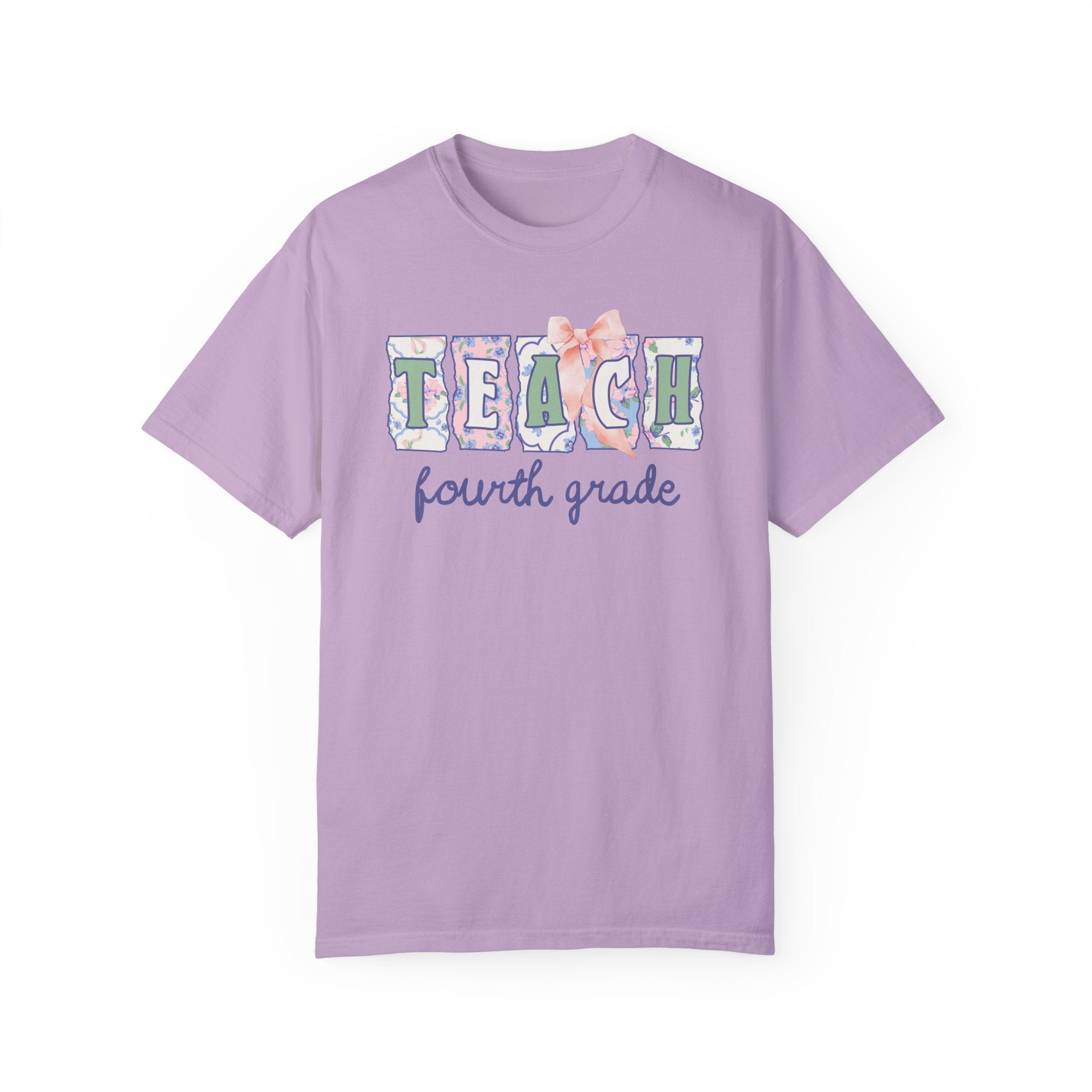Fourth Grade Teacher Tee Shirt with Flowers, Soft Girl Style Letters: Teach Fourth Grade, 90s Scrapbook Vibe, Fourth Grade Crew Matching Tee - Opal and June