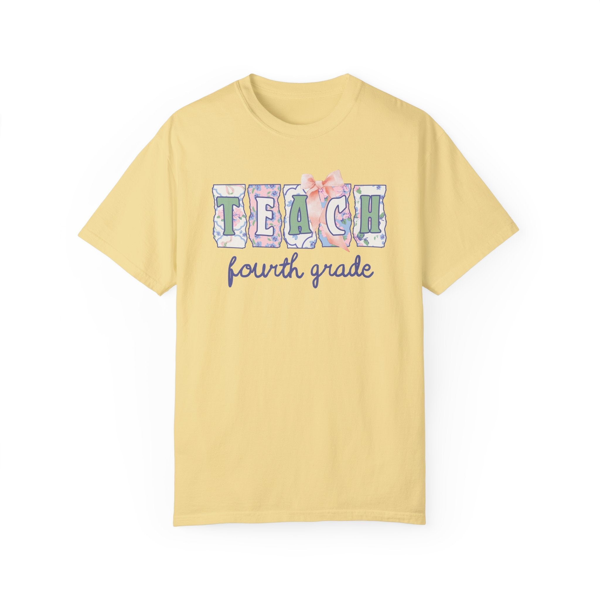 Fourth Grade Teacher Tee Shirt with Flowers, Soft Girl Style Letters: Teach Fourth Grade, 90s Scrapbook Vibe, Fourth Grade Crew Matching Tee - Opal and June