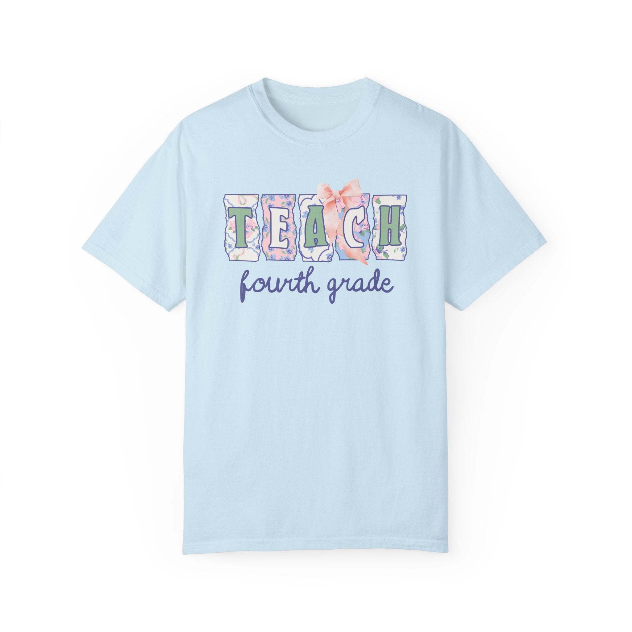Fourth Grade Teacher Tee Shirt with Flowers, Soft Girl Style Letters: Teach Fourth Grade, 90s Scrapbook Vibe, Fourth Grade Crew Matching Tee - Opal and June