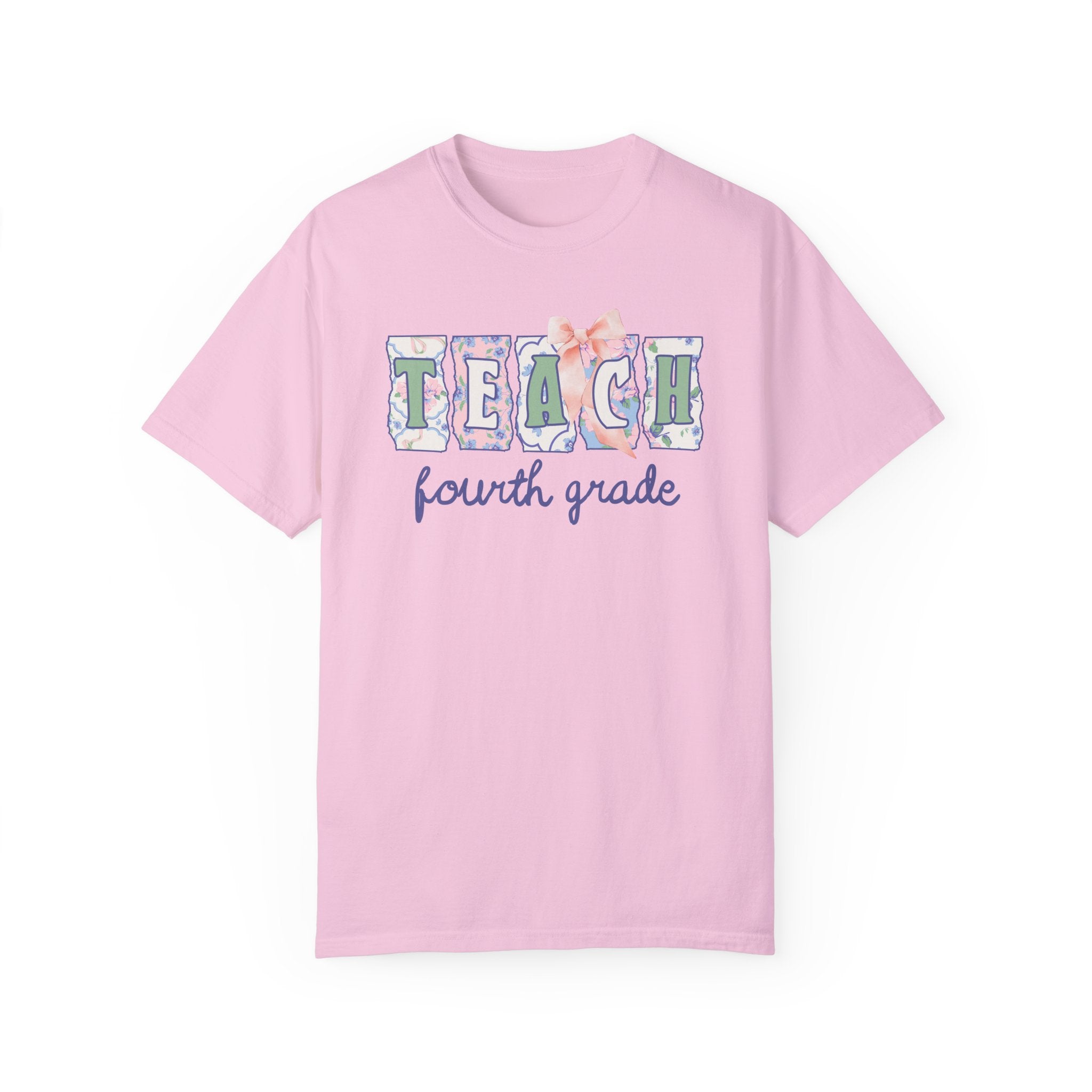 Fourth Grade Teacher Tee Shirt with Flowers, Soft Girl Style Letters: Teach Fourth Grade, 90s Scrapbook Vibe, Fourth Grade Crew Matching Tee - Opal and June