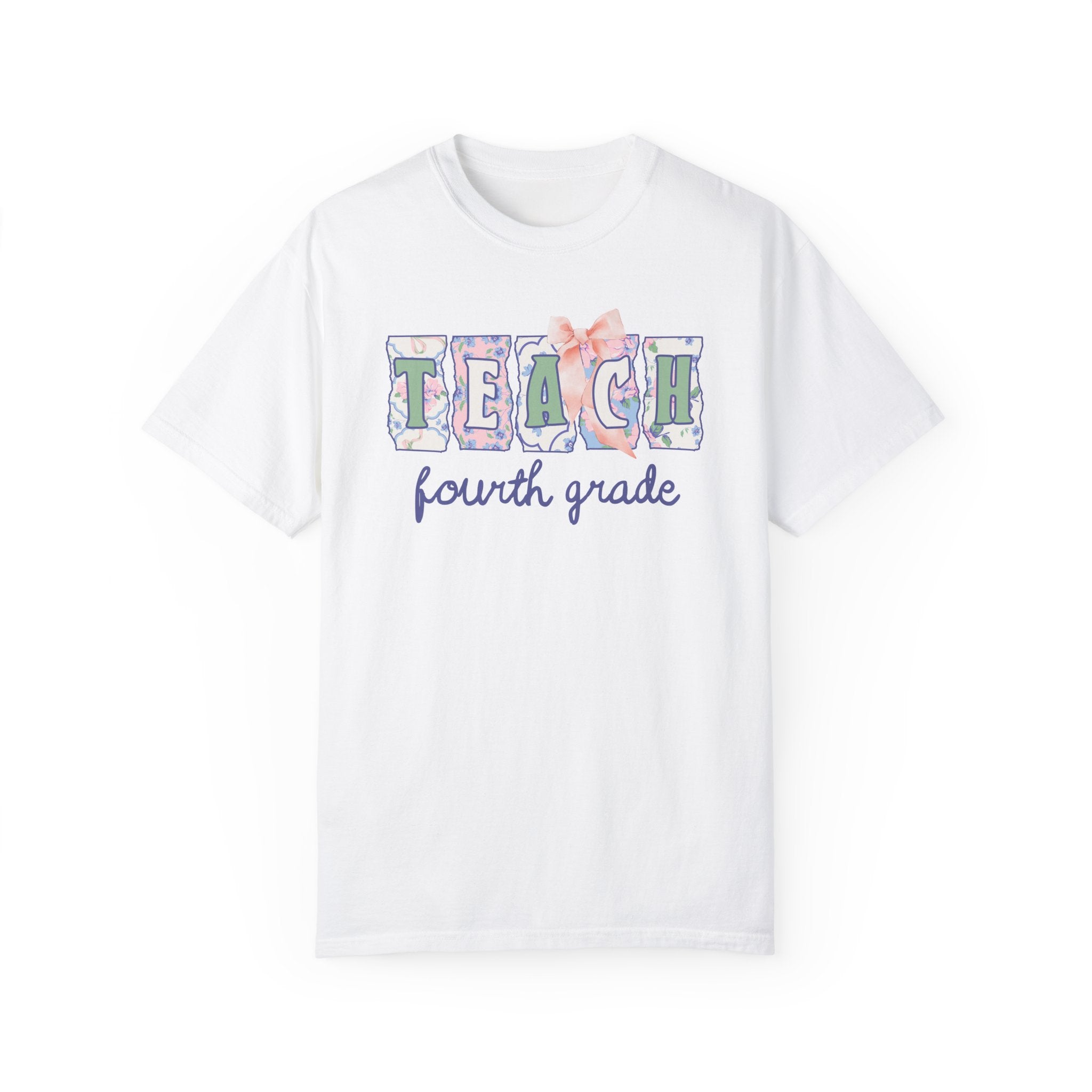 Fourth Grade Teacher Tee Shirt with Flowers, Soft Girl Style Letters: Teach Fourth Grade, 90s Scrapbook Vibe, Fourth Grade Crew Matching Tee - Opal and June