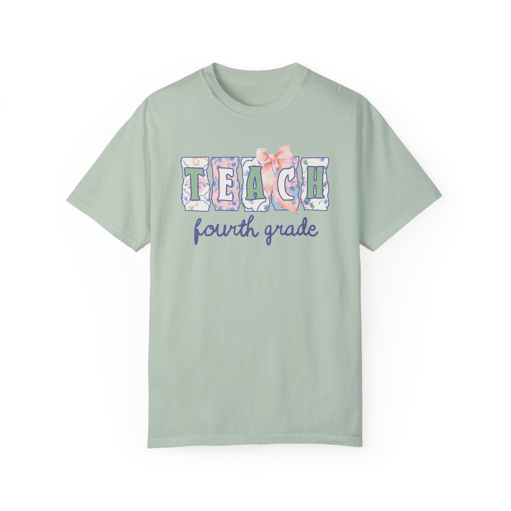 Fourth Grade Teacher Tee Shirt with Flowers, Soft Girl Style Letters: Teach Fourth Grade, 90s Scrapbook Vibe, Fourth Grade Crew Matching Tee - Opal and June