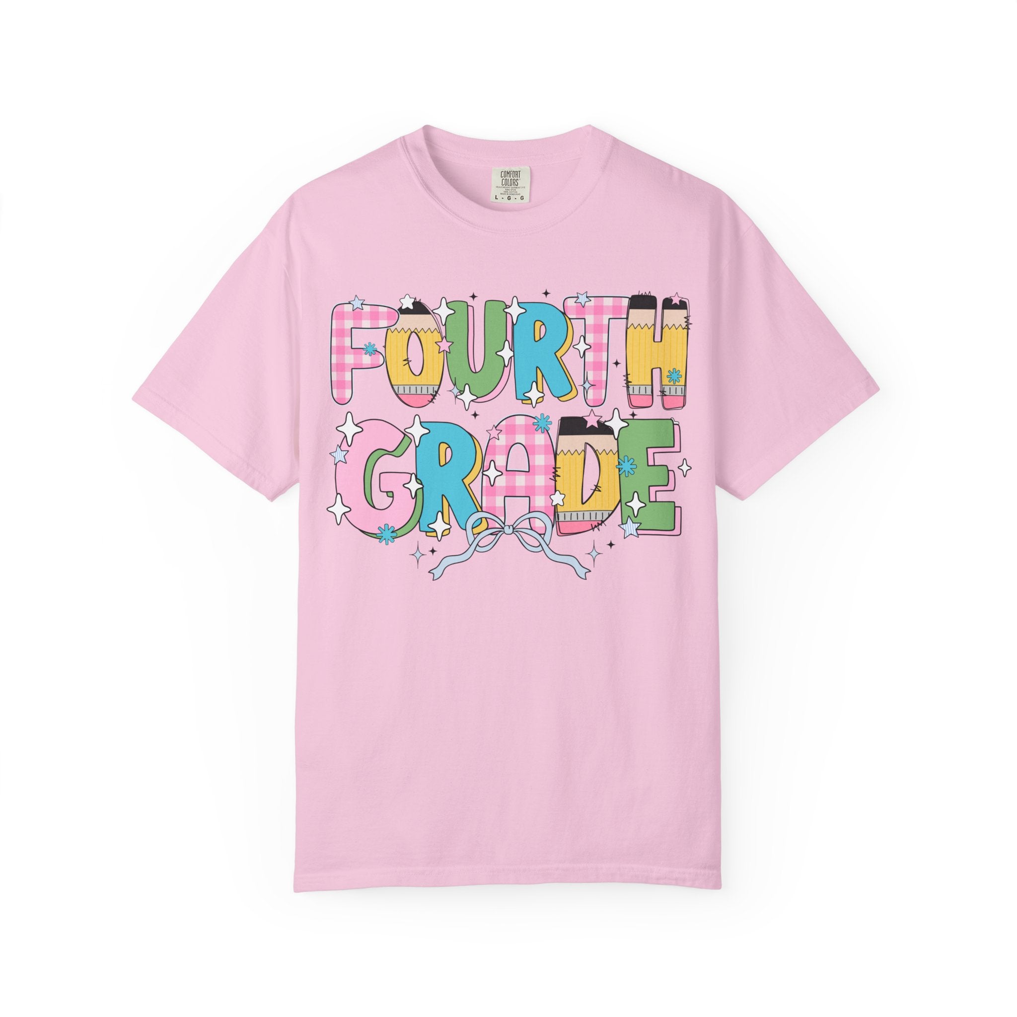 Fourth Grade Teacher Tee Shirt with Pink Gingham and Colorful Pencil Letters, Cute 90s Aesthetic Back to School Teacher T-Shirt with Stars - Opal and June