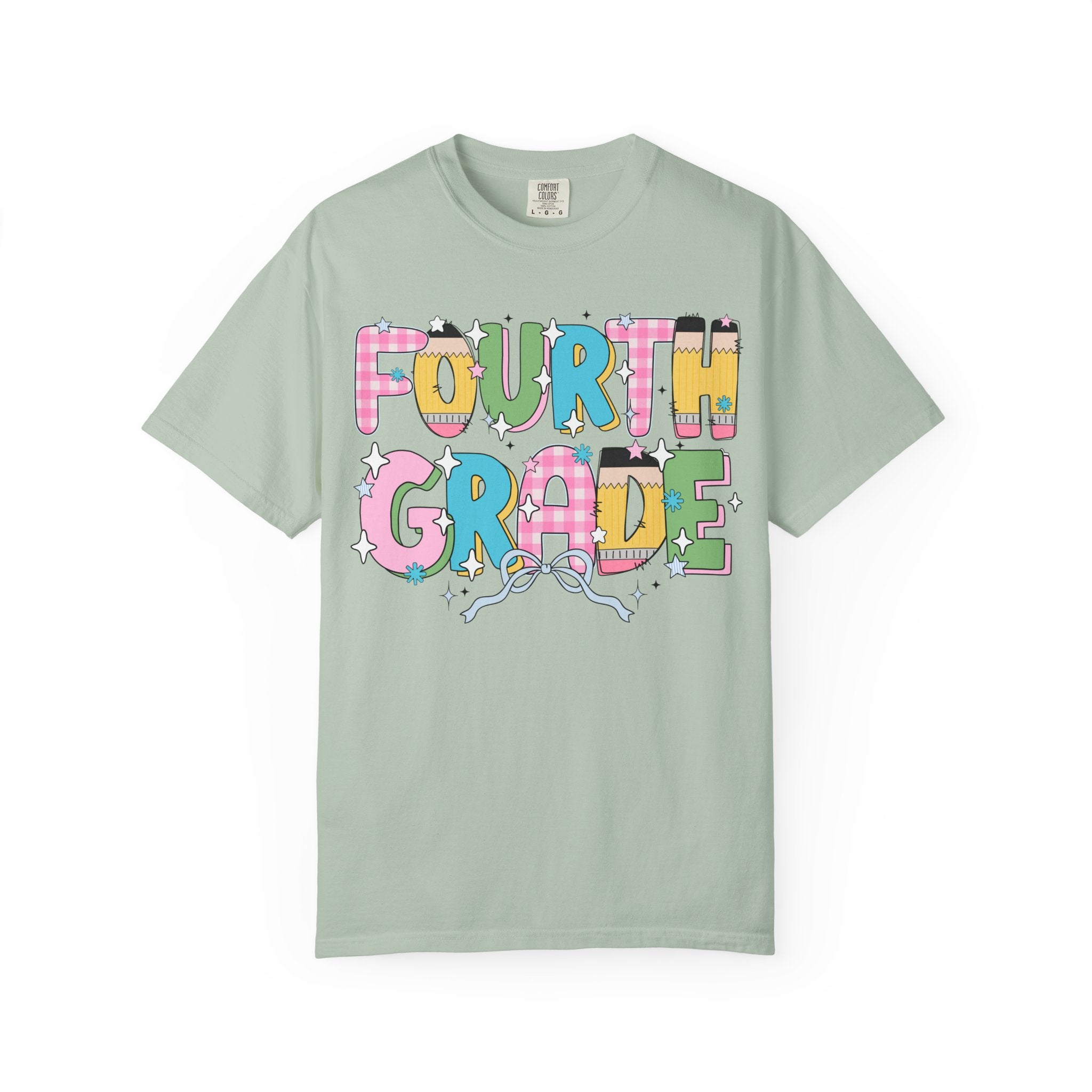 Fourth Grade Teacher Tee Shirt with Pink Gingham and Colorful Pencil Letters, Cute 90s Aesthetic Back to School Teacher T-Shirt with Stars - Opal and June