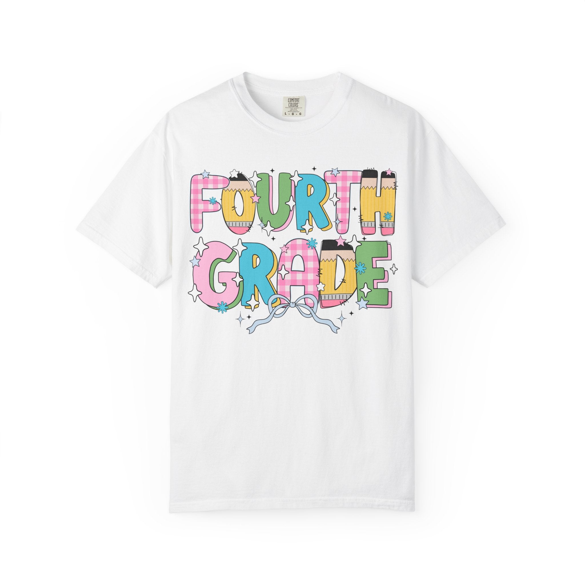 Fourth Grade Teacher Tee Shirt with Pink Gingham and Colorful Pencil Letters, Cute 90s Aesthetic Back to School Teacher T-Shirt with Stars - Opal and June