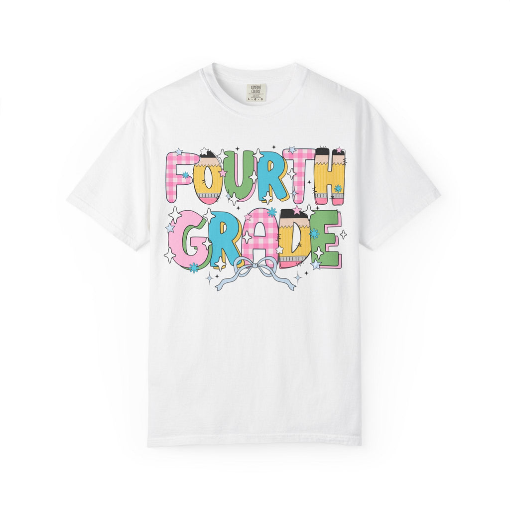 Fourth Grade Teacher Tee Shirt with Pink Gingham and Colorful Pencil Letters, Cute 90s Aesthetic Back to School Teacher T-Shirt with Stars - Opal and June