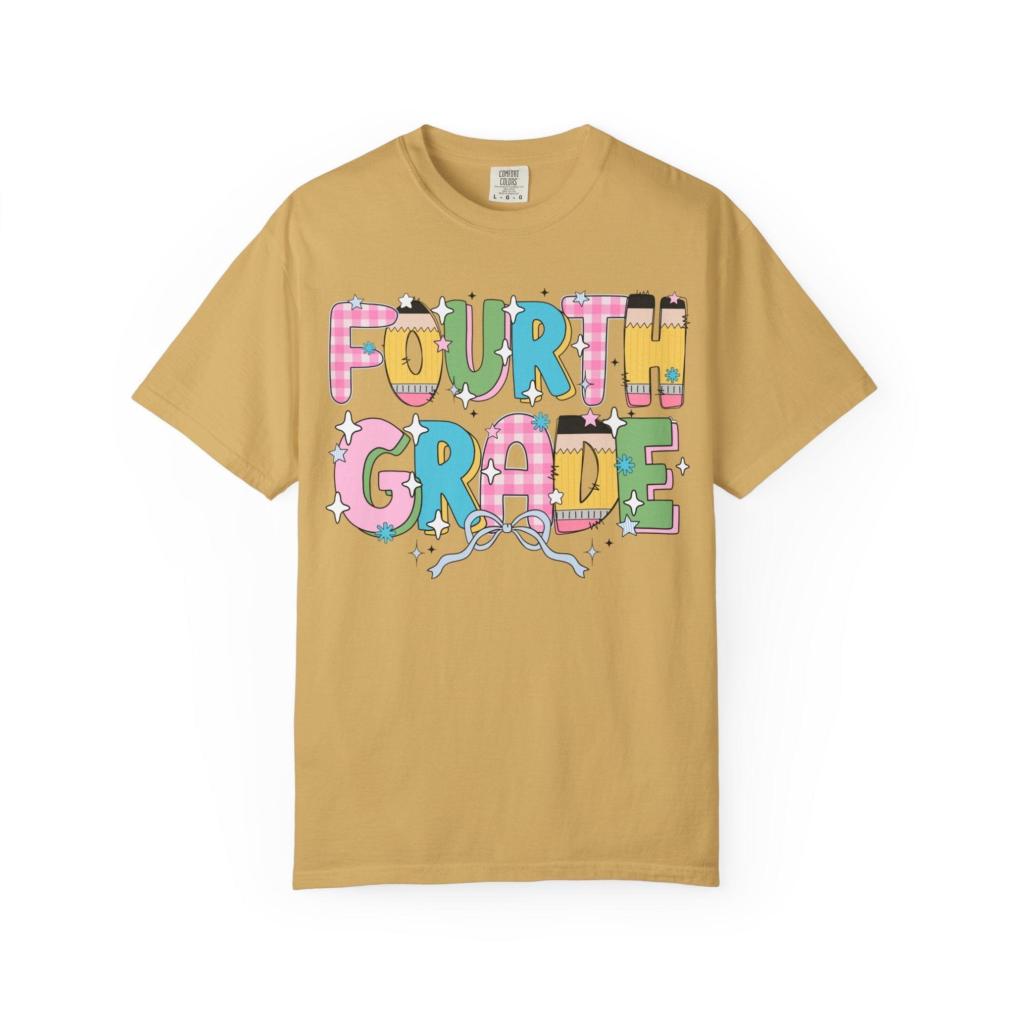 Fourth Grade Teacher Tee Shirt with Pink Gingham and Colorful Pencil Letters, Cute 90s Aesthetic Back to School Teacher T-Shirt with Stars - Opal and June