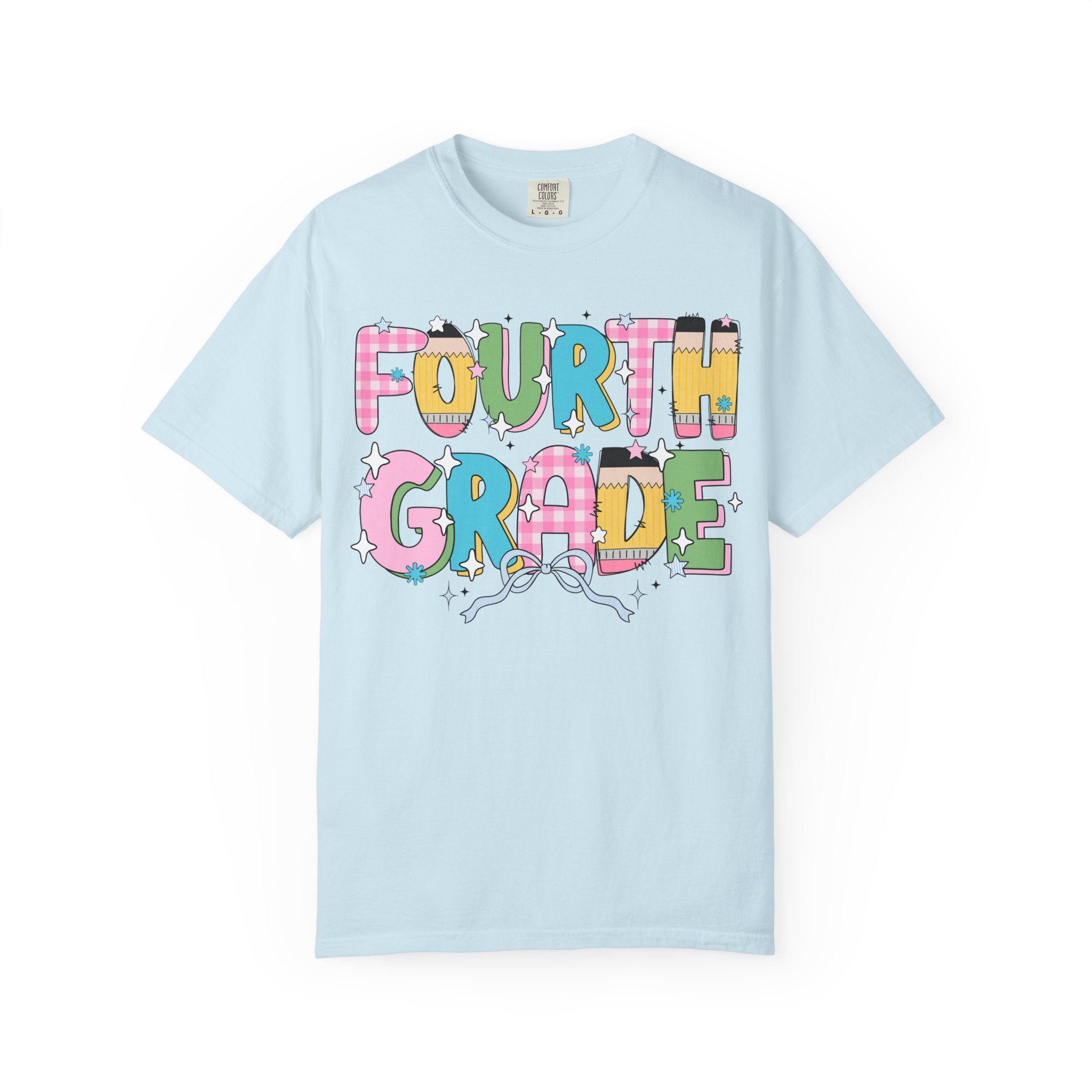 Fourth Grade Teacher Tee Shirt with Pink Gingham and Colorful Pencil Letters, Cute 90s Aesthetic Back to School Teacher T-Shirt with Stars - Opal and June