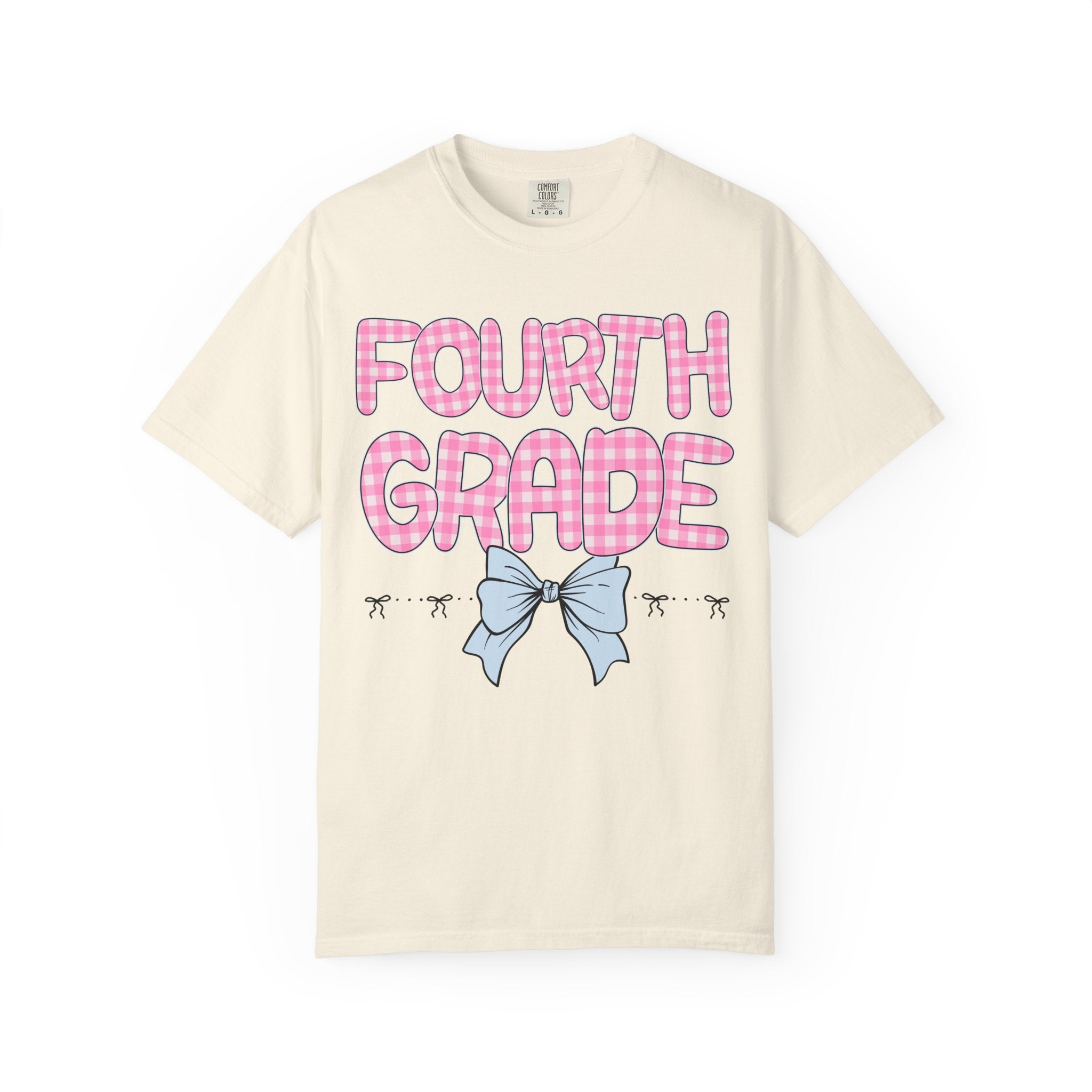 Fourth Grade Teacher Tee Shirt with Pink Gingham Letters, First Day of School, Back to School Matching Teacher Tee with Bow, Soft Girl Style - Opal and June