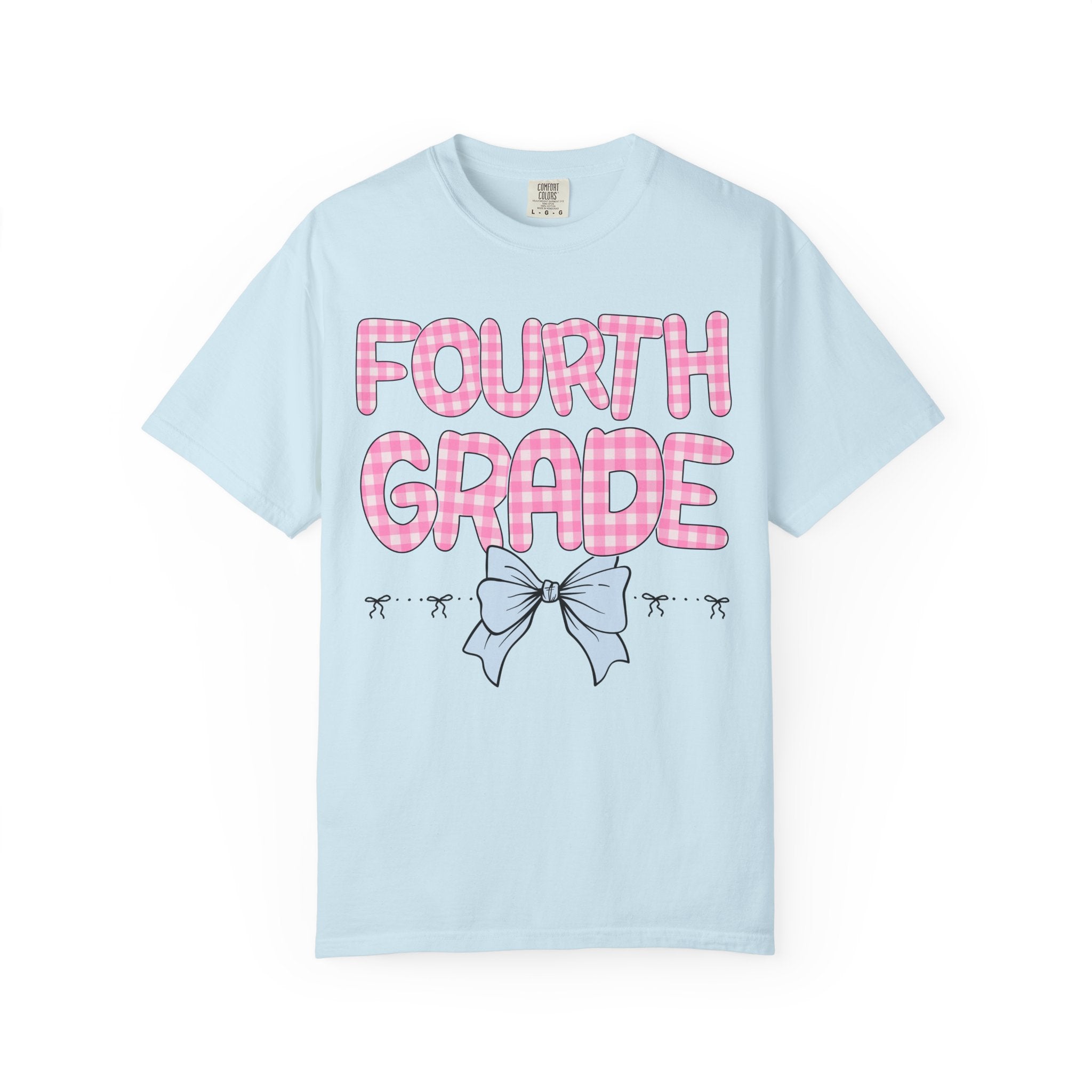 Fourth Grade Teacher Tee Shirt with Pink Gingham Letters, First Day of School, Back to School Matching Teacher Tee with Bow, Soft Girl Style - Opal and June