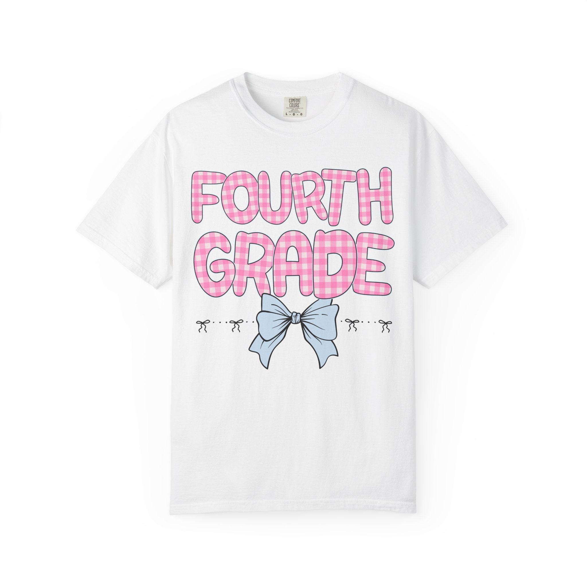Fourth Grade Teacher Tee Shirt with Pink Gingham Letters, First Day of School, Back to School Matching Teacher Tee with Bow, Soft Girl Style - Opal and June