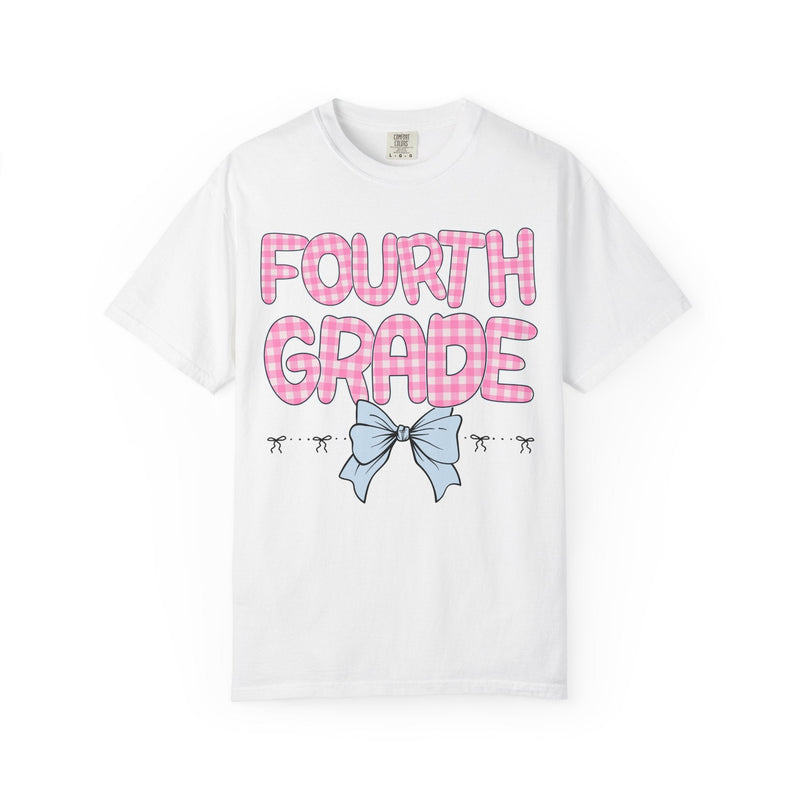 Fourth Grade Teacher Tee Shirt with Pink Gingham Letters, First Day of School, Back to School Matching Teacher Tee with Bow, Soft Girl Style - Opal and June