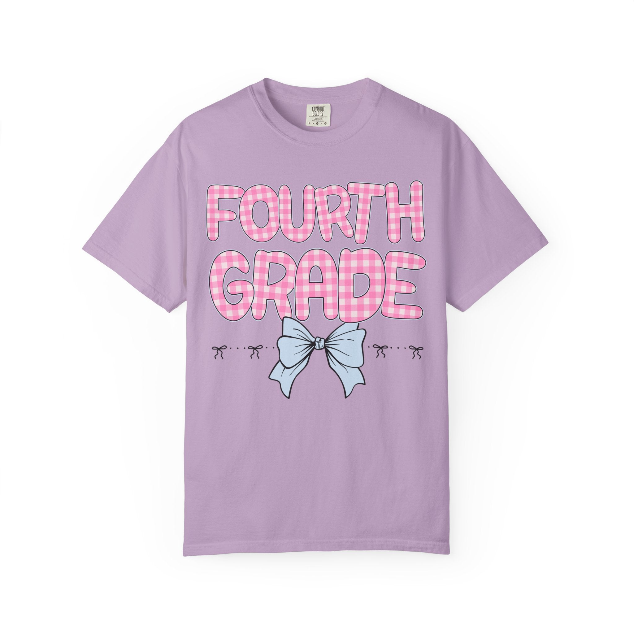 Fourth Grade Teacher Tee Shirt with Pink Gingham Letters, First Day of School, Back to School Matching Teacher Tee with Bow, Soft Girl Style - Opal and June
