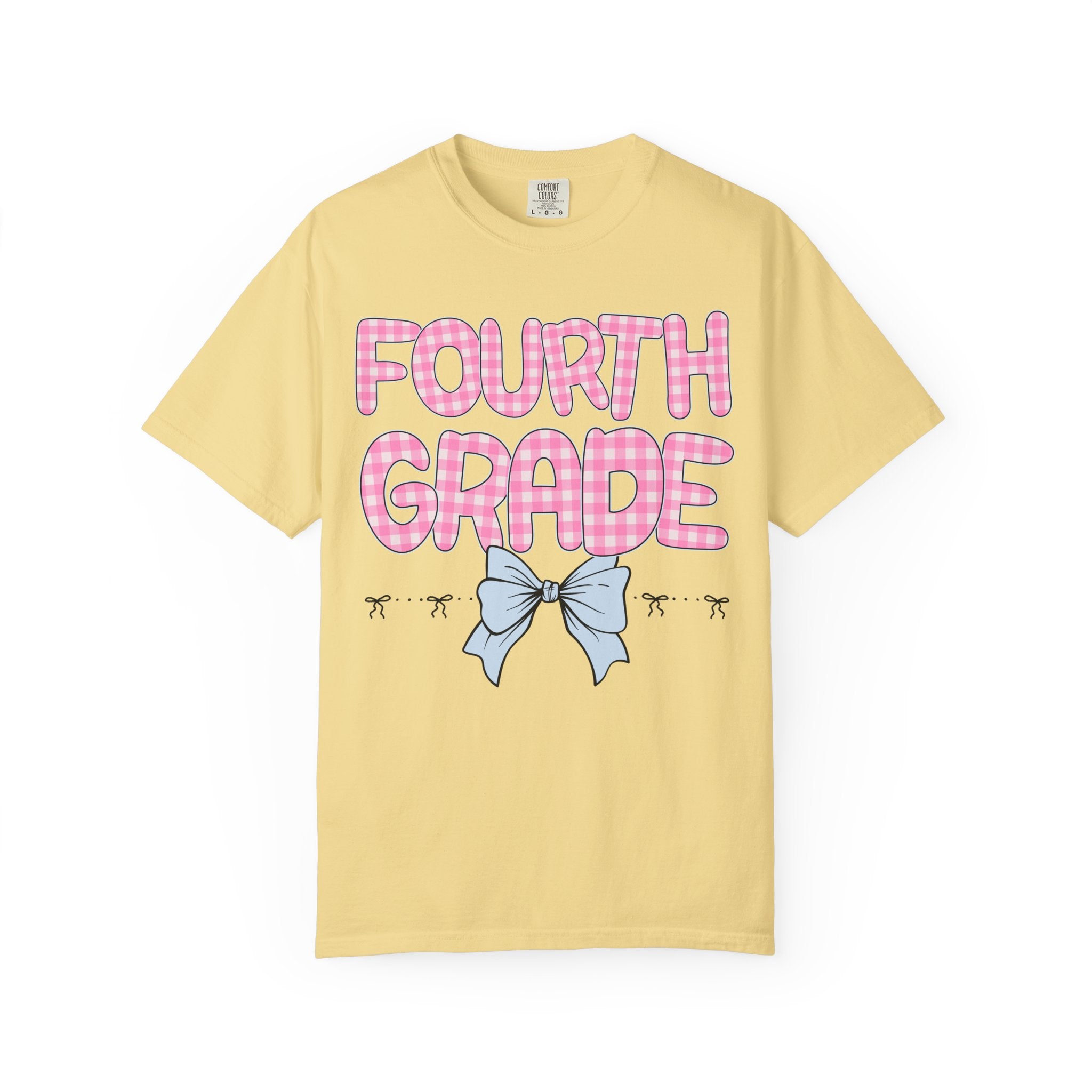 Fourth Grade Teacher Tee Shirt with Pink Gingham Letters, First Day of School, Back to School Matching Teacher Tee with Bow, Soft Girl Style - Opal and June