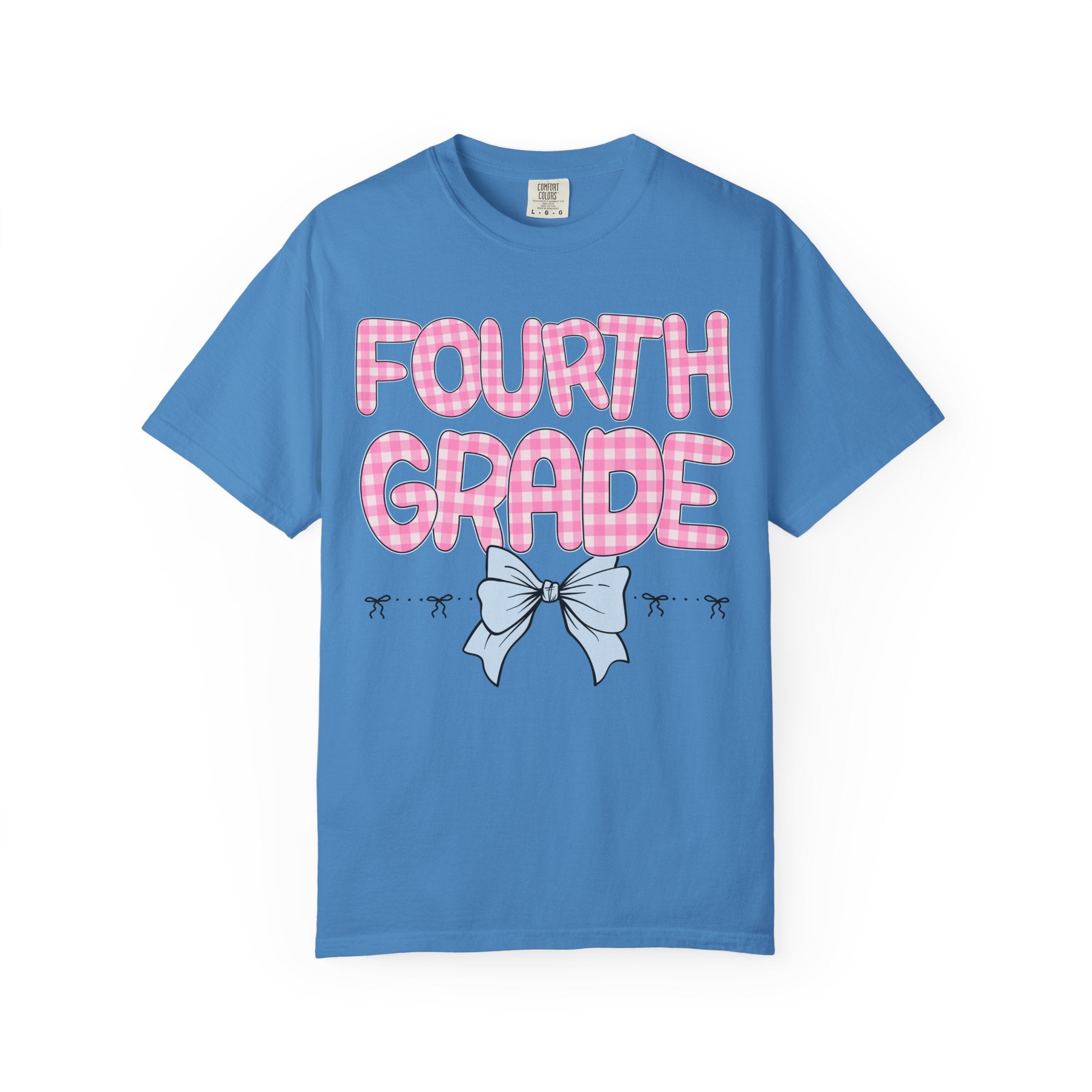 Fourth Grade Teacher Tee Shirt with Pink Gingham Letters, First Day of School, Back to School Matching Teacher Tee with Bow, Soft Girl Style - Opal and June