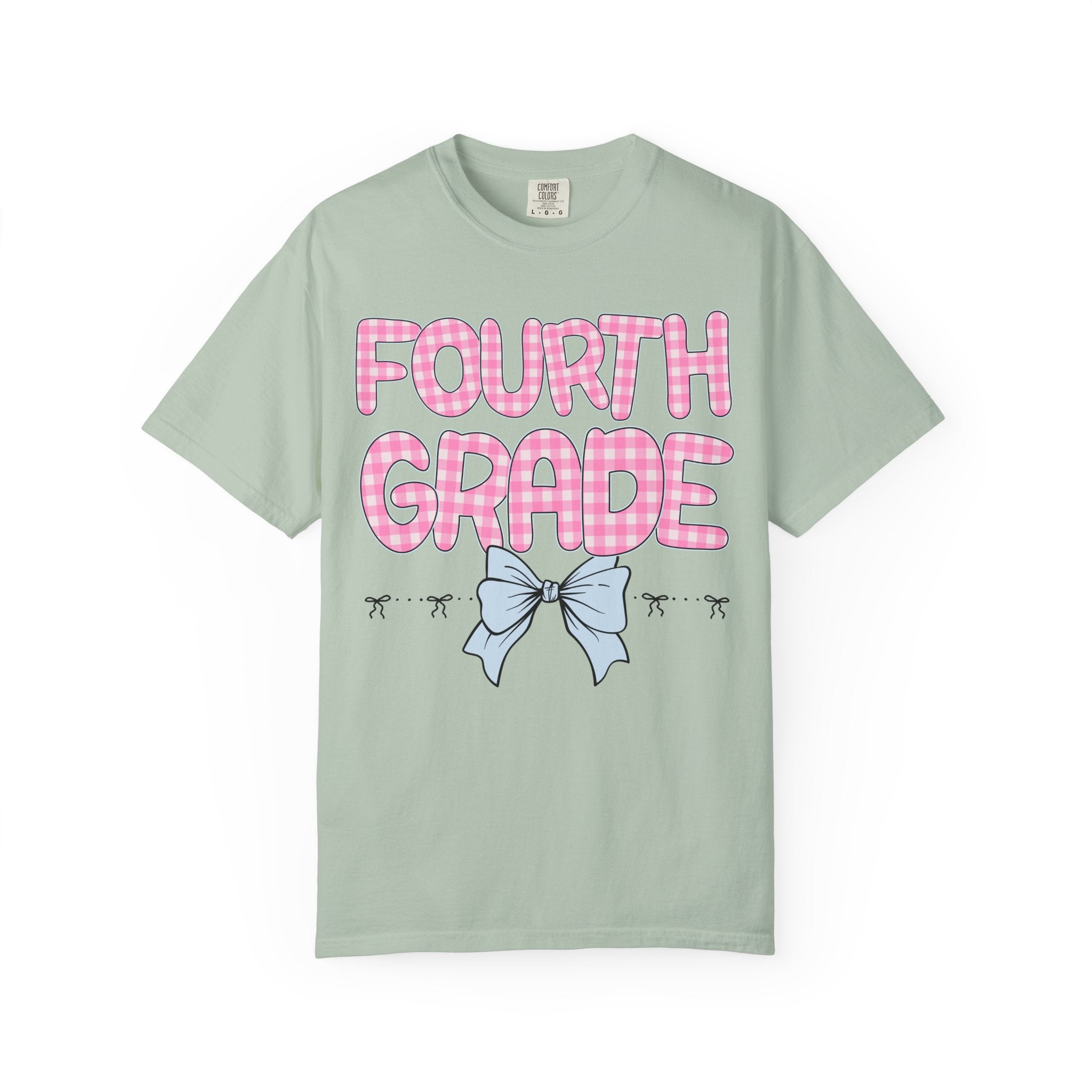 Fourth Grade Teacher Tee Shirt with Pink Gingham Letters, First Day of School, Back to School Matching Teacher Tee with Bow, Soft Girl Style - Opal and June