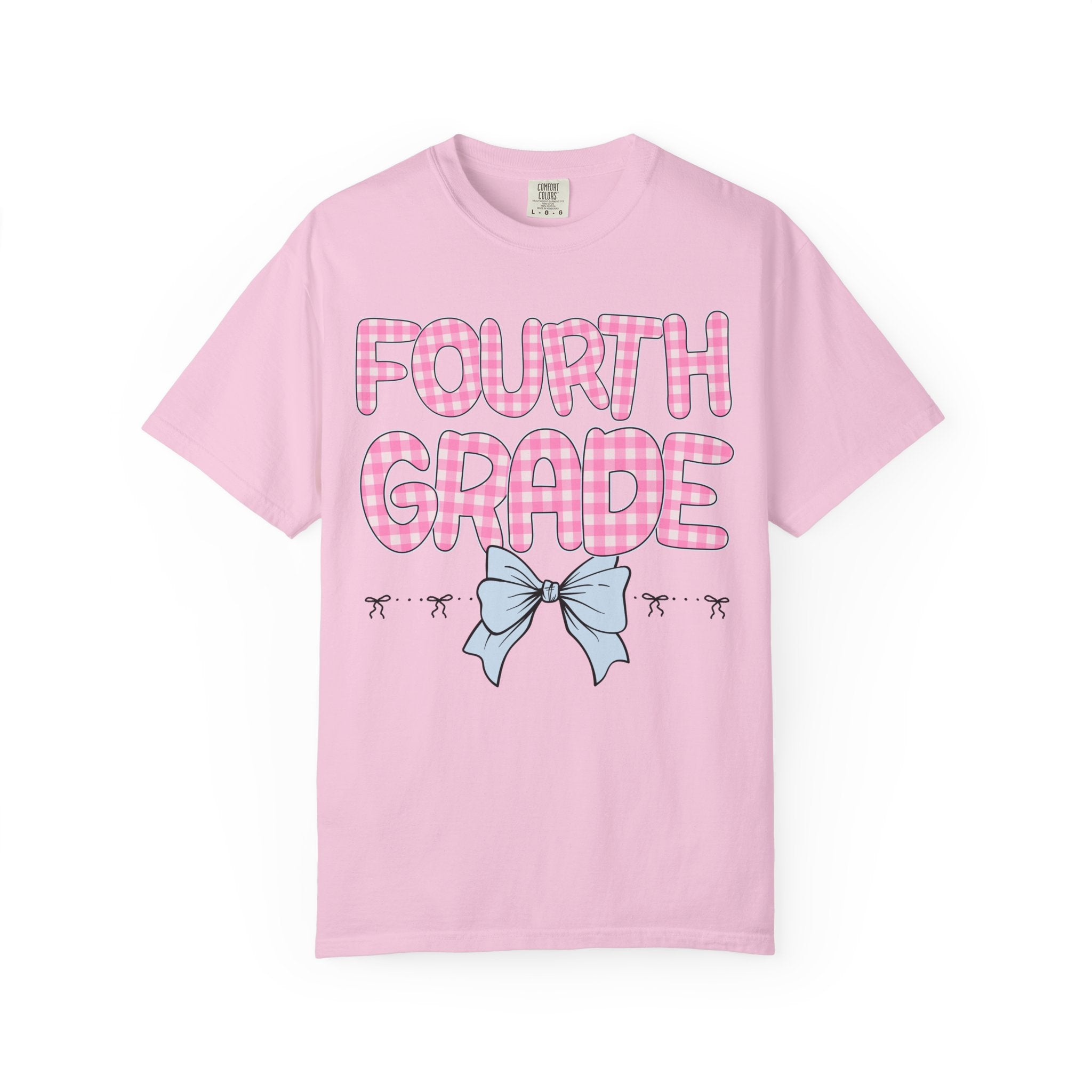 Fourth Grade Teacher Tee Shirt with Pink Gingham Letters, First Day of School, Back to School Matching Teacher Tee with Bow, Soft Girl Style - Opal and June