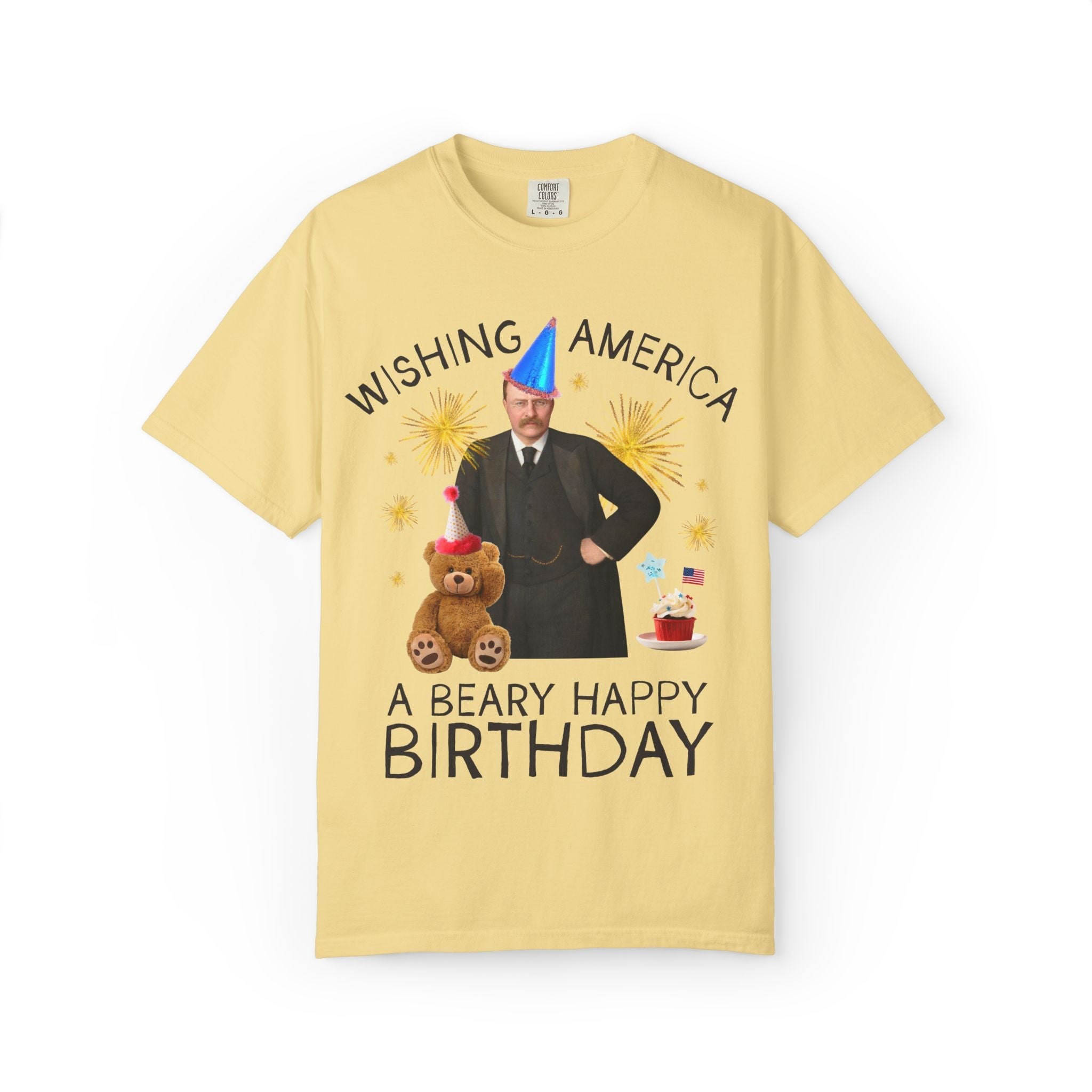 Fourth of July Teddy Roosevelt T-Shirt with Fireworks and Cottagecore Bear: Wishing America a Beary Happy Birthday, Silly American History - Opal and June